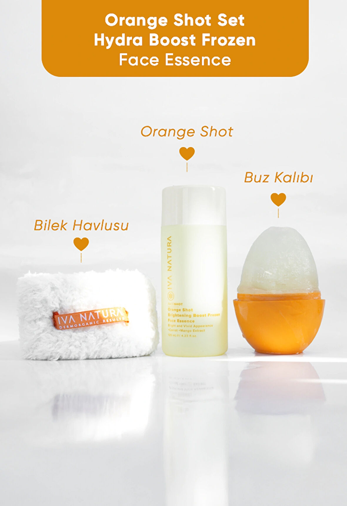 Iva Natura Orange Face Shot - Frozen Face Essence 3'lü Set (ESSENCE+BİLEKLİK HAVLU+BUZ KALIBI)