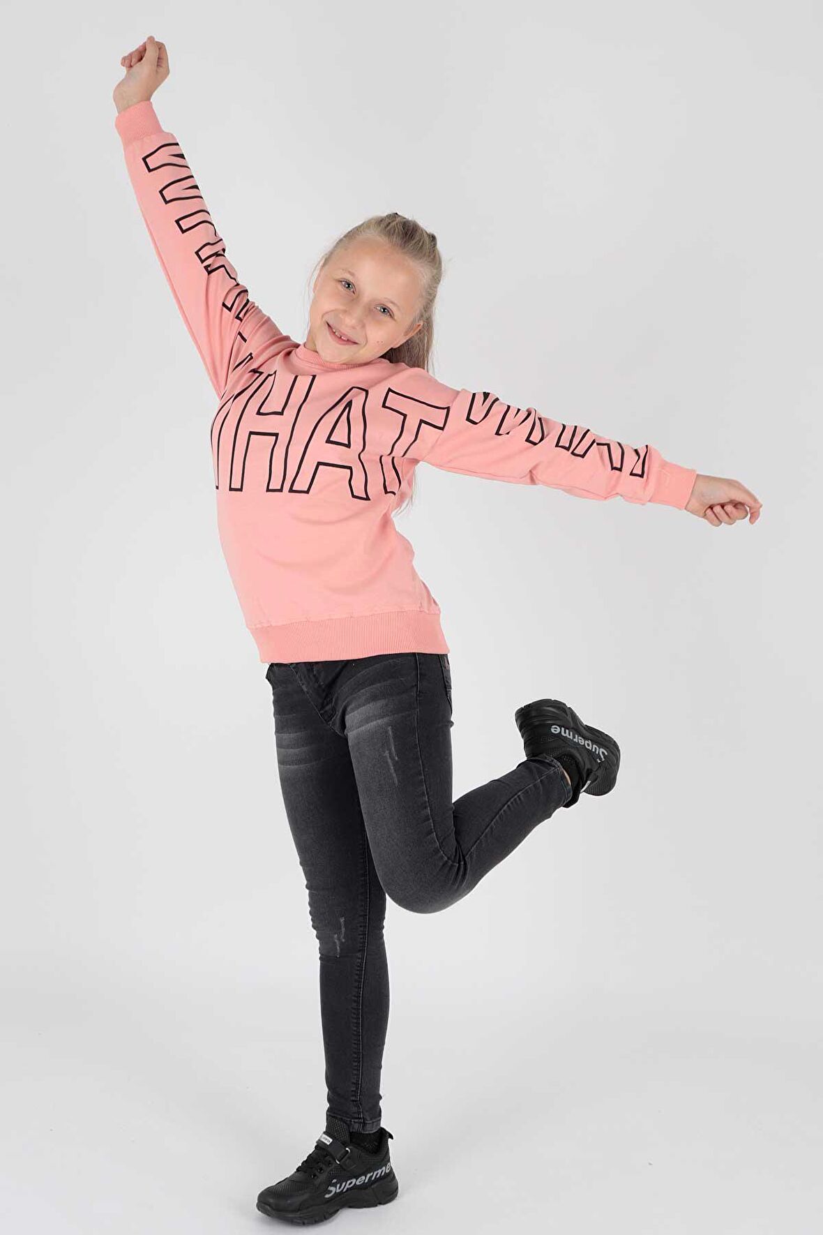 Kids Kız What Baskılı Sweat Uzun Kollu Sweatshirt Pamuklu Ak15153