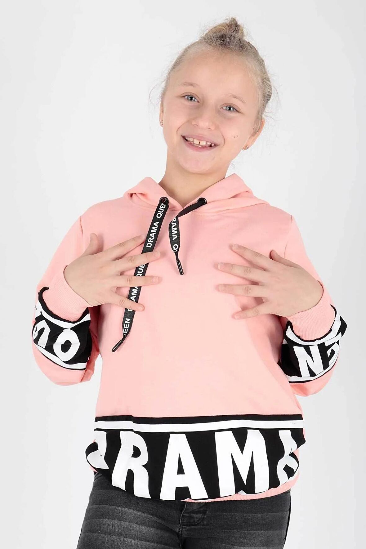 Kids Kız Drama Baskılı Sweat Uzun Kollu Kapşonlu Sweatshirt Pamuklu Ak13433