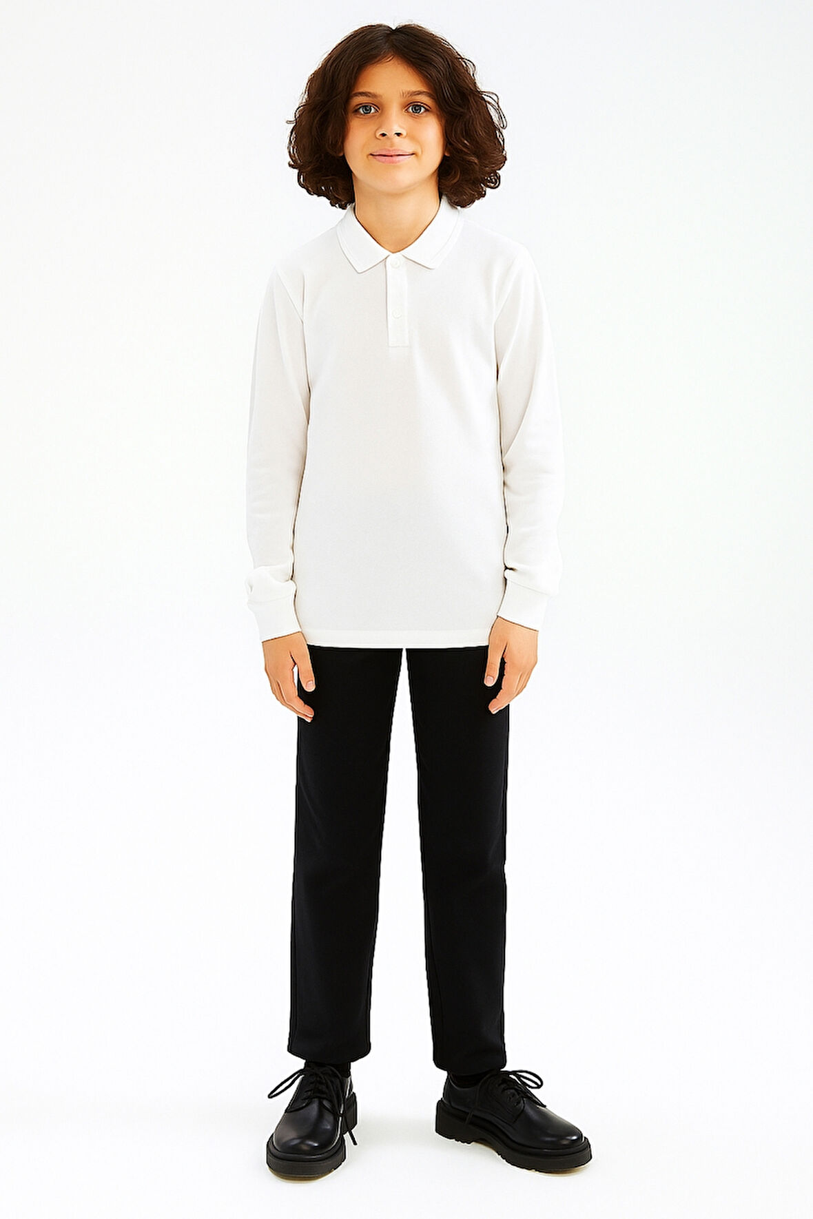 Erkek Çocuk Polo Yaka Basic Pamuk Uzun Kollu Beyaz Okul Tişörtü AK-3550