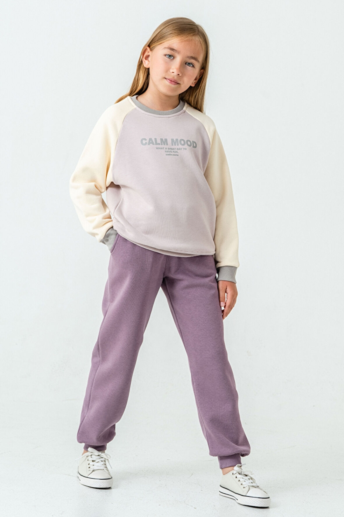 Kız Çocuk Calm Mood Baskılı 3 İplik Kalın Kışlık Eşofman Takımı Ak4209