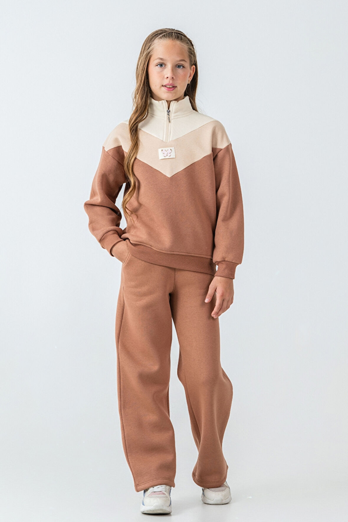 Kız Çocuk Kelebek Detaylı Yarım Fermuarlı 3 İplik Kalın Kışlık Eşofman Takımı Ak4233