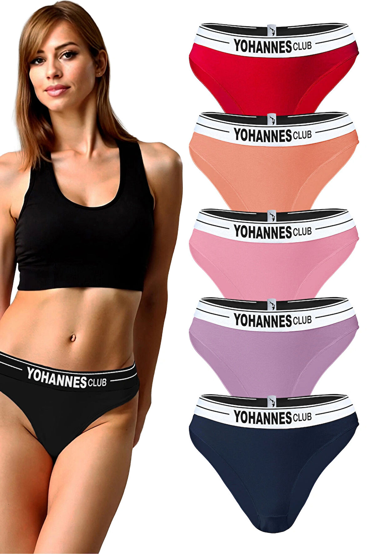 Yohannes Club, Kadın Lastik Kemerli Bikini Slip, 5'li Paket, 
