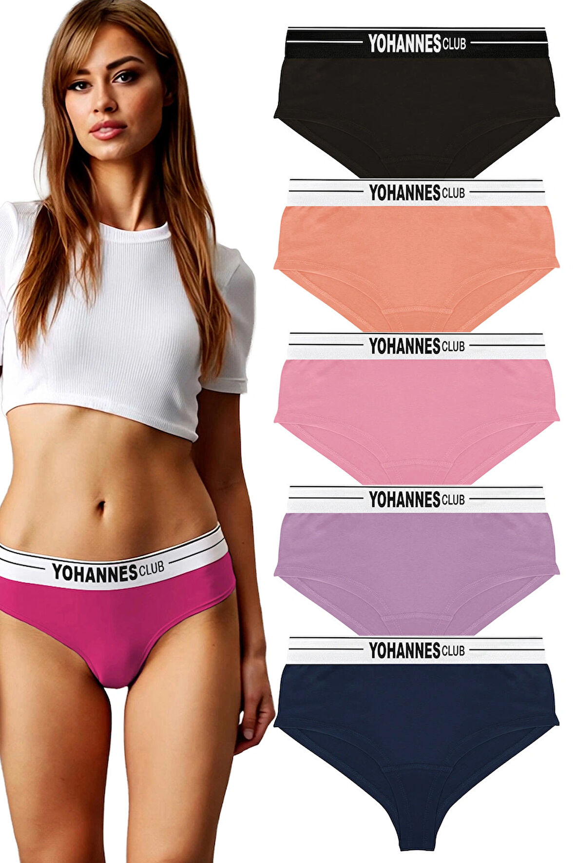 Yohannes Club, Kadın Lastik Kemerli Hipster Külot, 5'li Paket, 