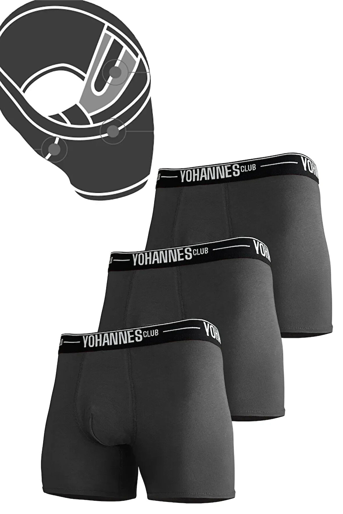 Yohannes Club, Erkek Özel Bölmeli Pamuklu Boxer, Renk Seçenekli, 3'lü Paket, 3 adet Antrasit