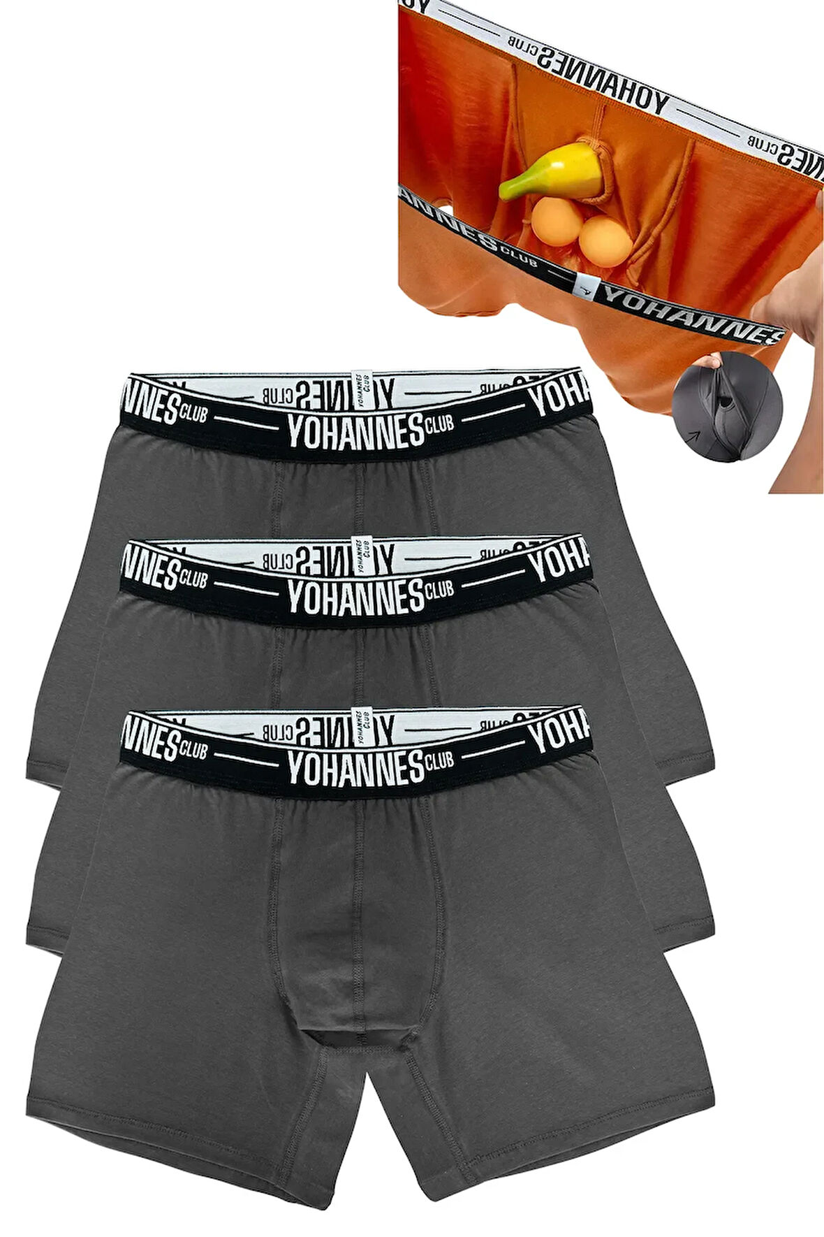 Yohannes Club, Erkek Özel Anatomik Pamuklu Boxer, Renk Seçenekli, 3'lü Paket, 3 adet Antrasit
