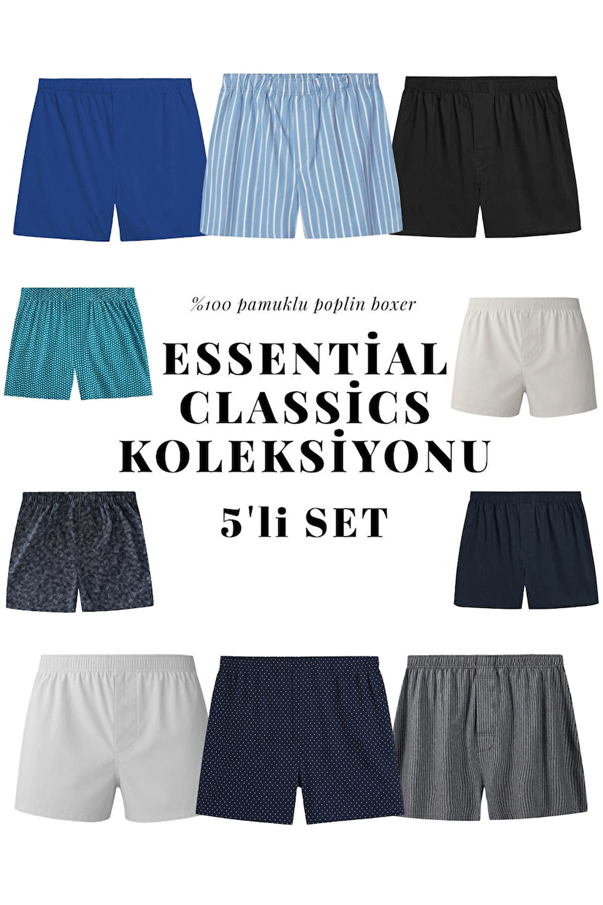 Yohannes Club Boxer Erkek, 5'li "Essentian Classics Koleksiyonu" % 100 Pamuklu Poplin Kumaş, Koyu Renkler, 5 Adet