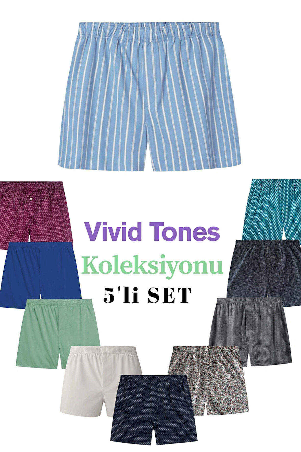 Yohannes Club Boxer Erkek, 5'li "Vivid Tones Koleksiyonu" % 100 Pamuklu Poplin Kumaş, Canlı Renkler, 5 Adet