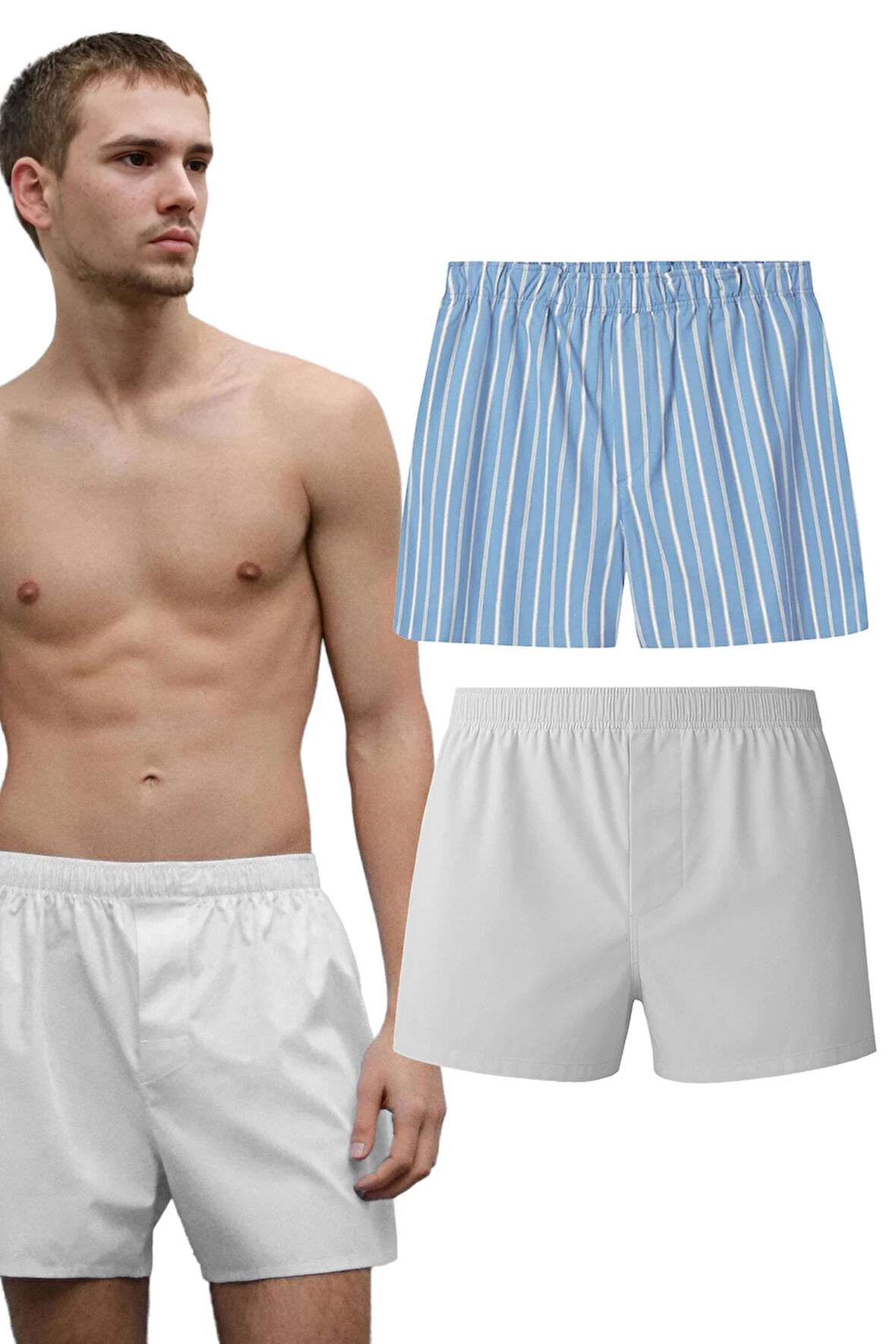 Erkek Pamuklu Poplin Boxer, İkili Paket, Beyaz-Mavi,  % 100 Pamuklu Poplin Kumaş