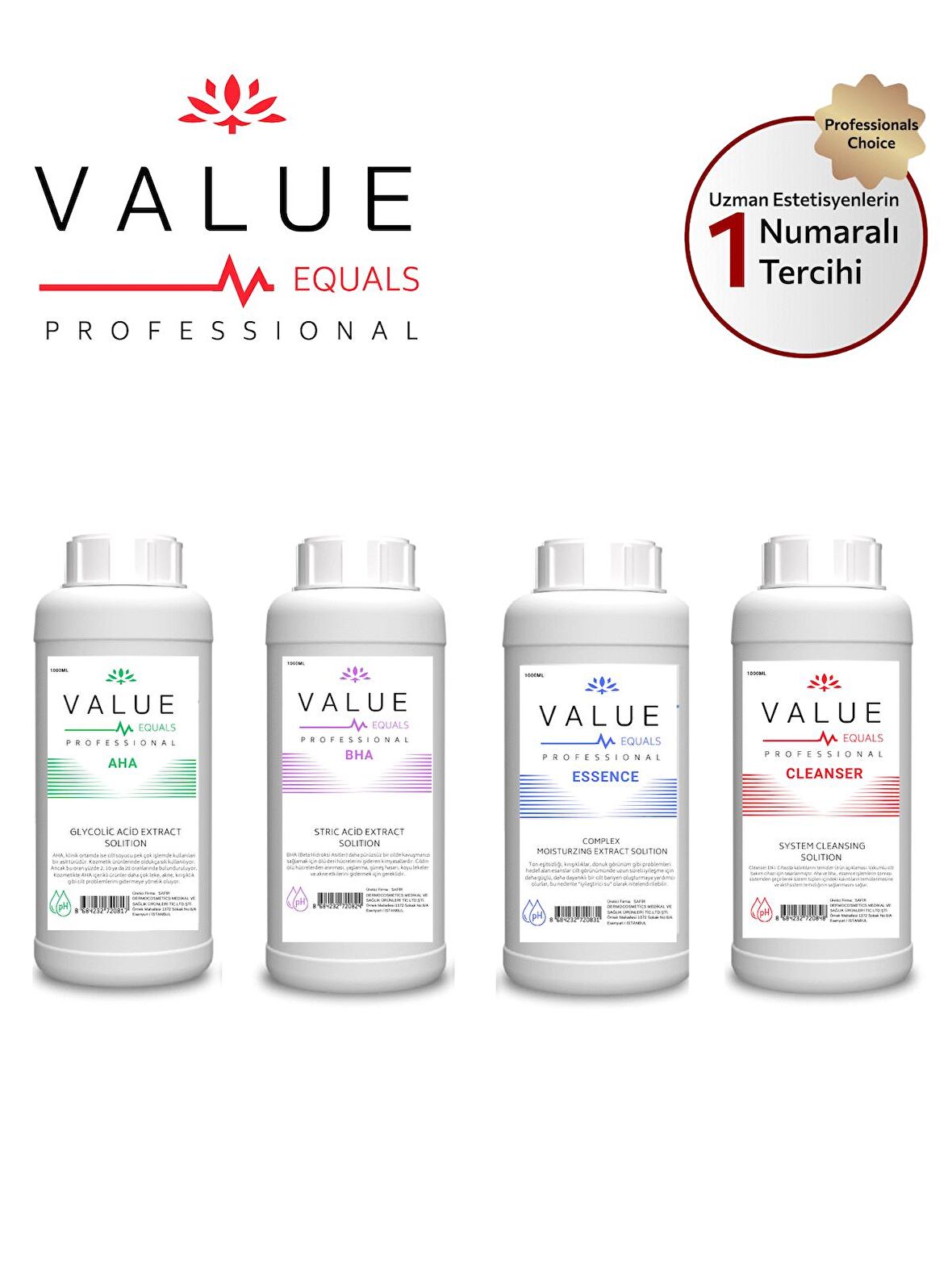 VALUE EQUALS  PROFESSIONAL SKIN CARE SOLITIONS SET 4 X 1LT