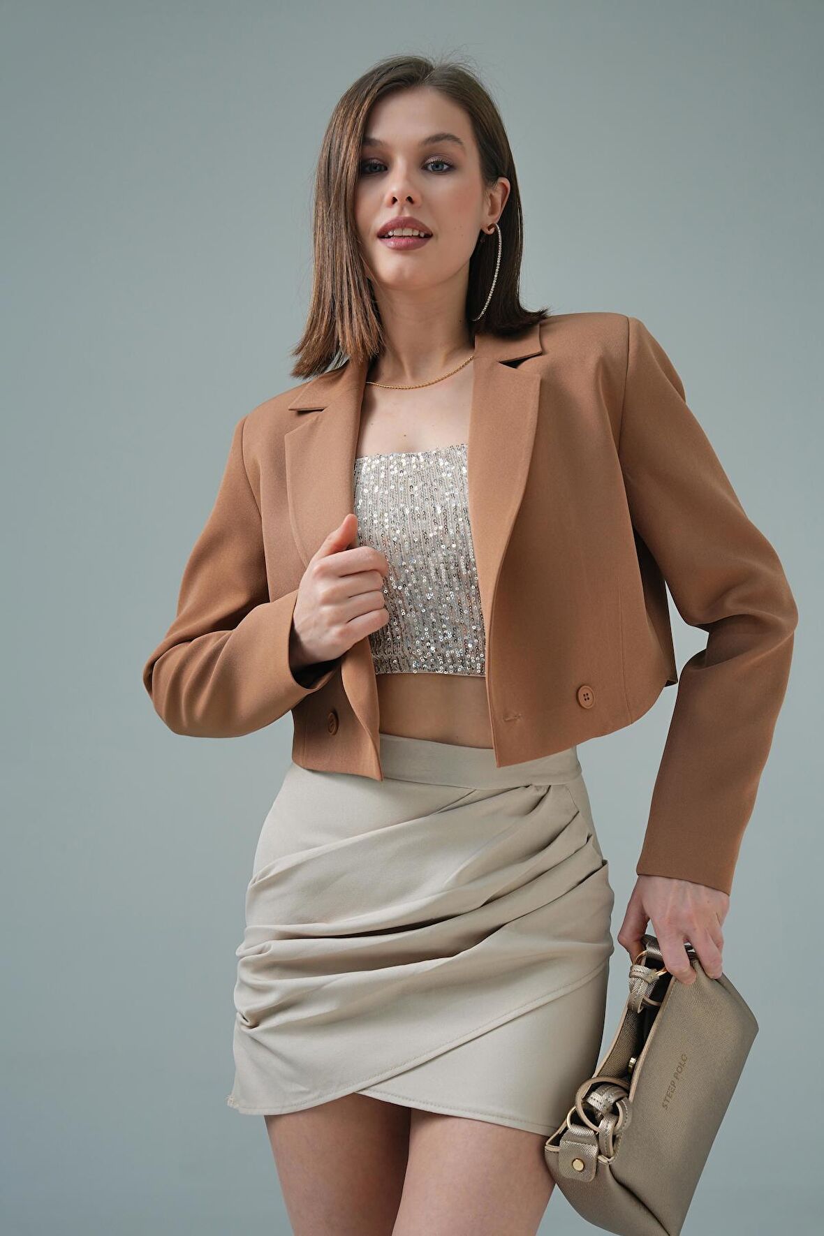 Kamel Kruvaze Crop Blazer Ceket
