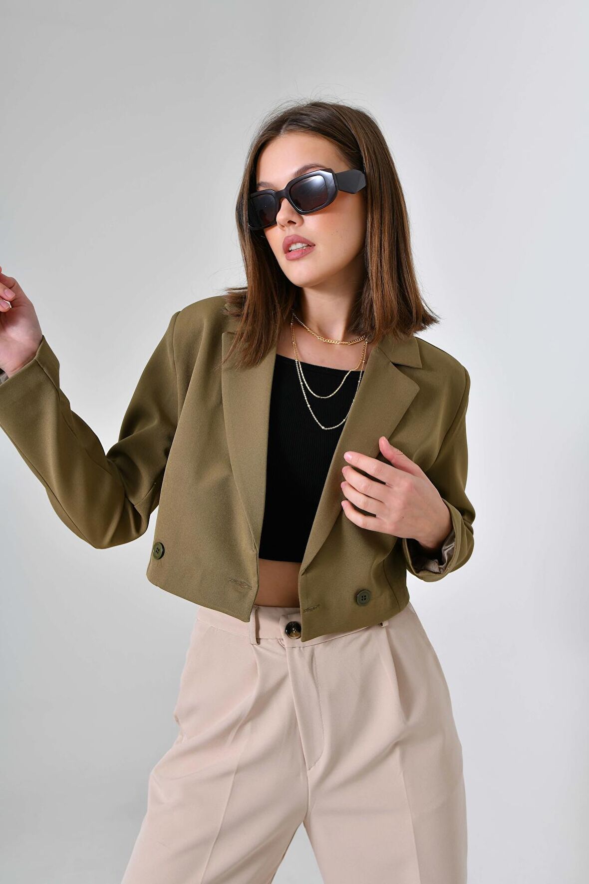 Haki Kruvaze Crop Blazer Ceket