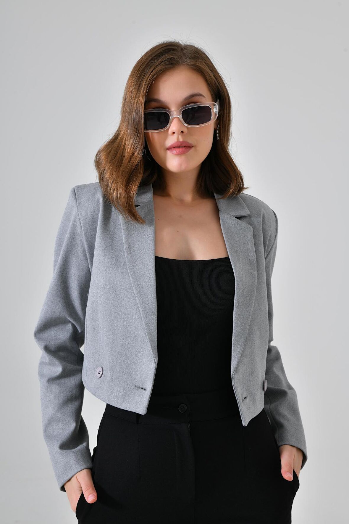 Gri Kruvaze Crop Blazer Ceket