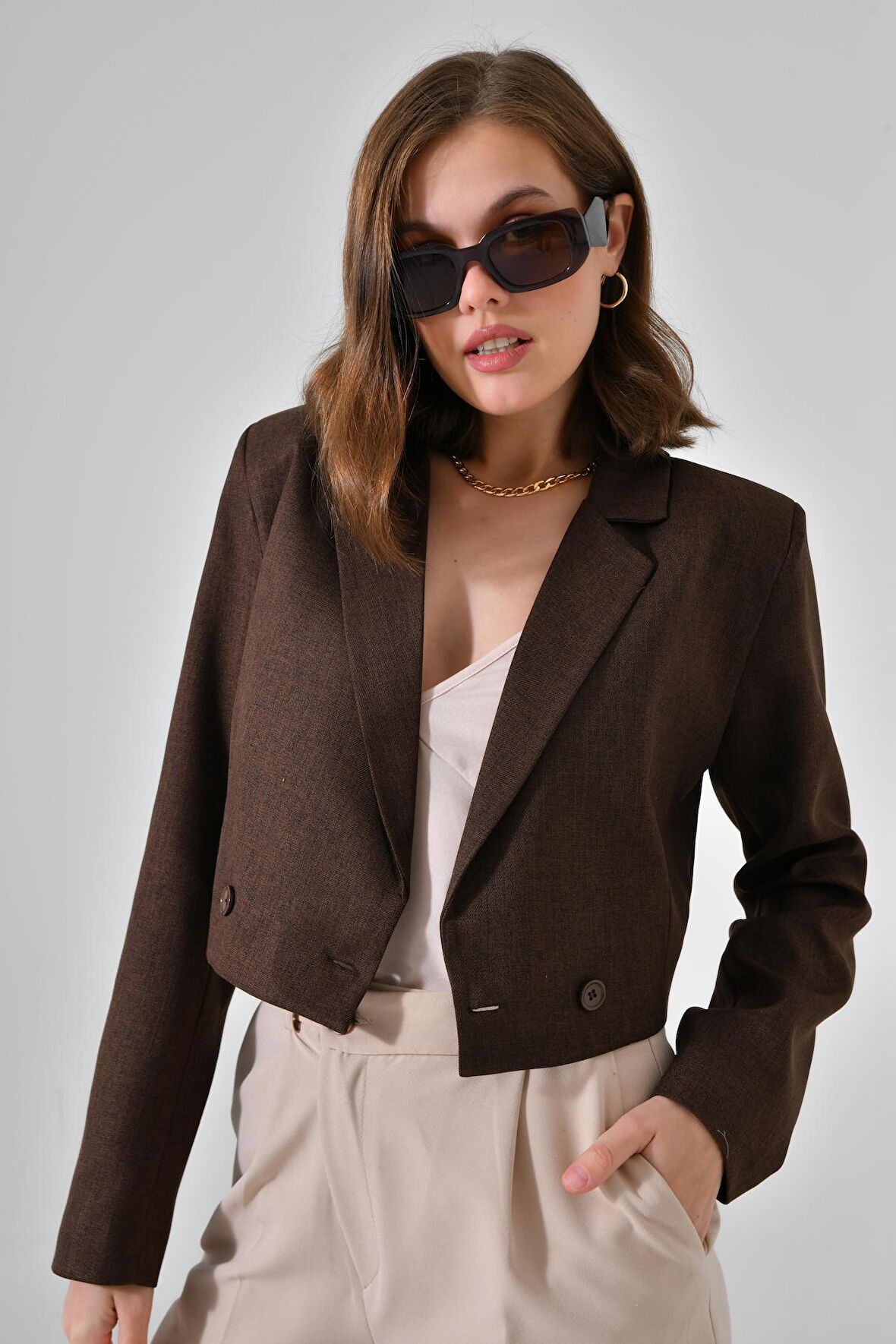 Kahve Kruvaze Crop Blazer Ceket