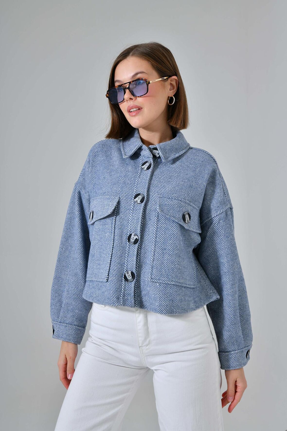 Mavi Kaşe Oversize Cepli Crop Ceket