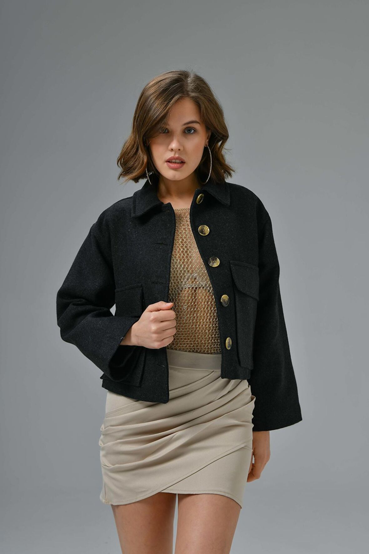 Antrasit Gömlek Yaka Cepli Astarlı Kaşe Crop Ceket