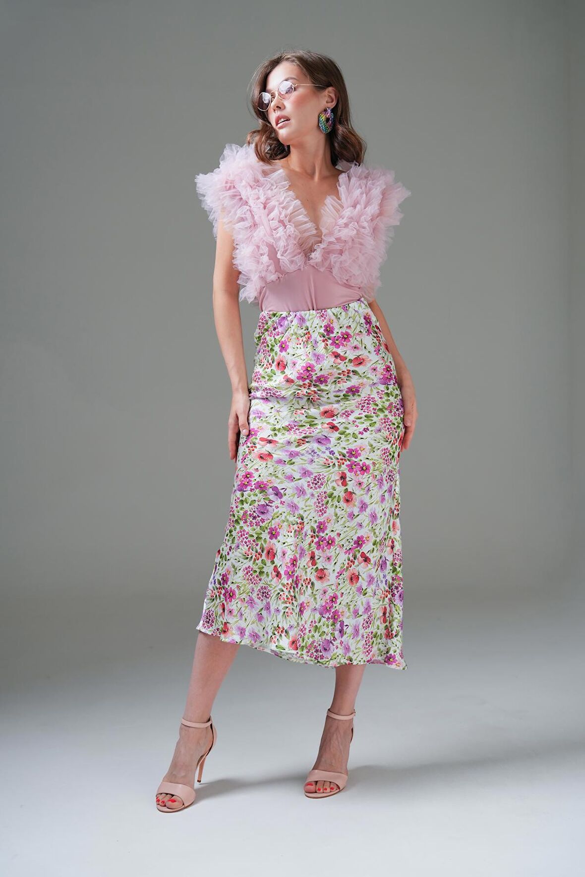 Çok Renkli Çiçek Desenli Saten Maxi Boy Dokuma Etek