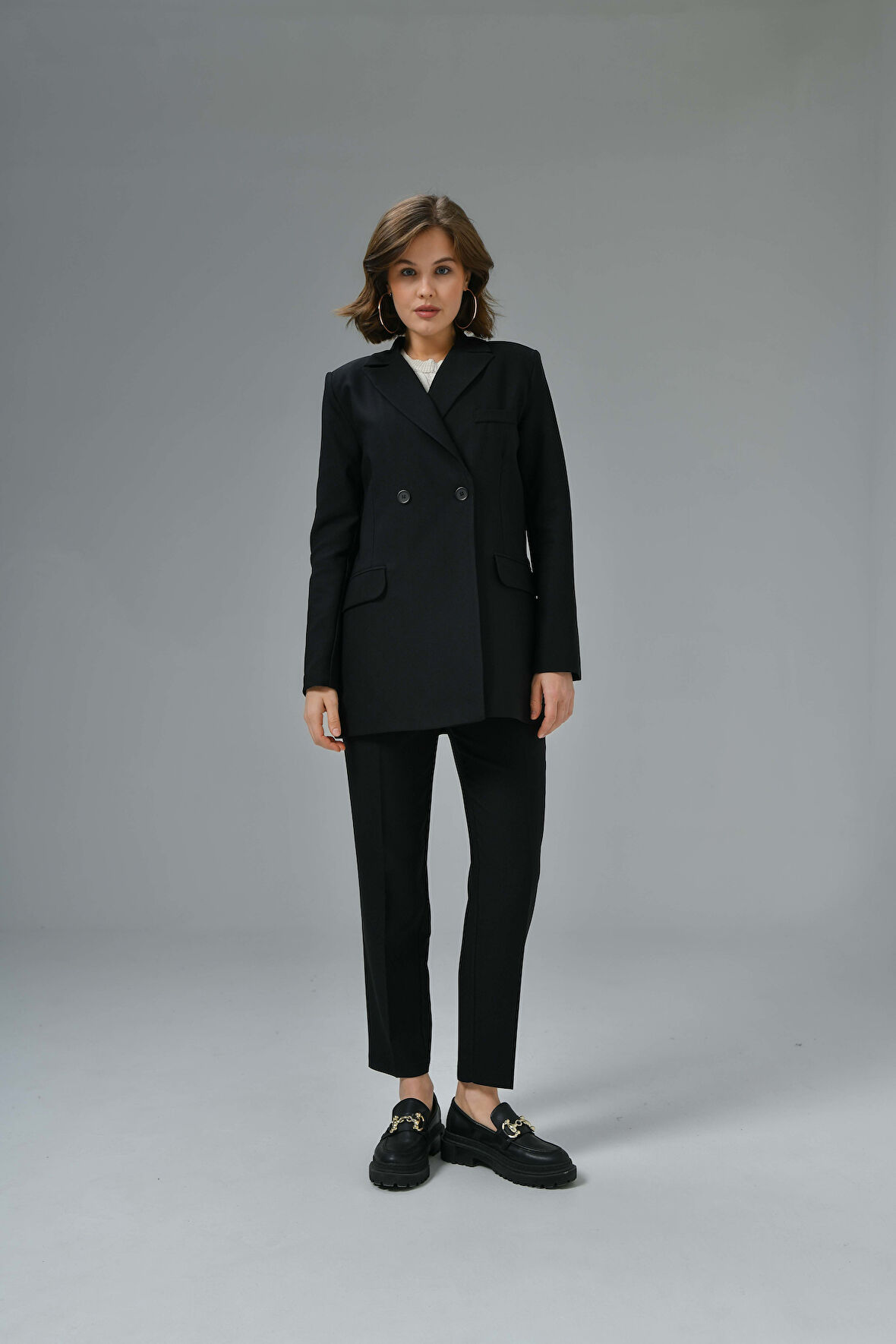 Siyah Blazer Ceket-Pantolon Dokuma Alt-Üst Takım