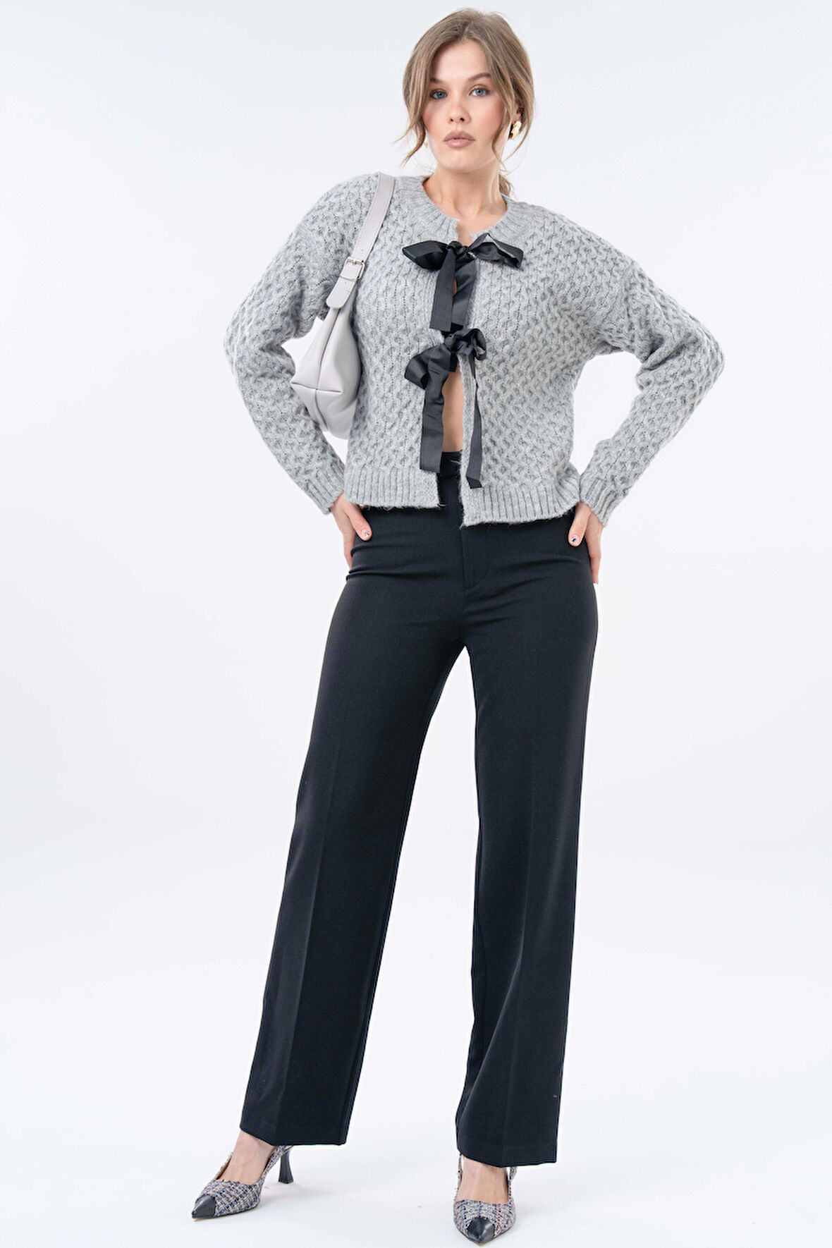 Siyah Yüksek Bel Toparlayıcı Dokuma Straight Pantolon