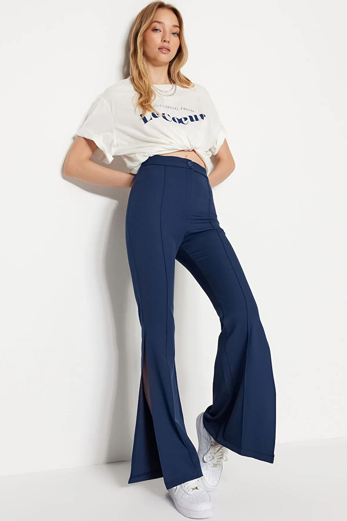 Lacivert Flare İspanyol Paça Paçası Yırtmaçlı Dokuma Pantolon