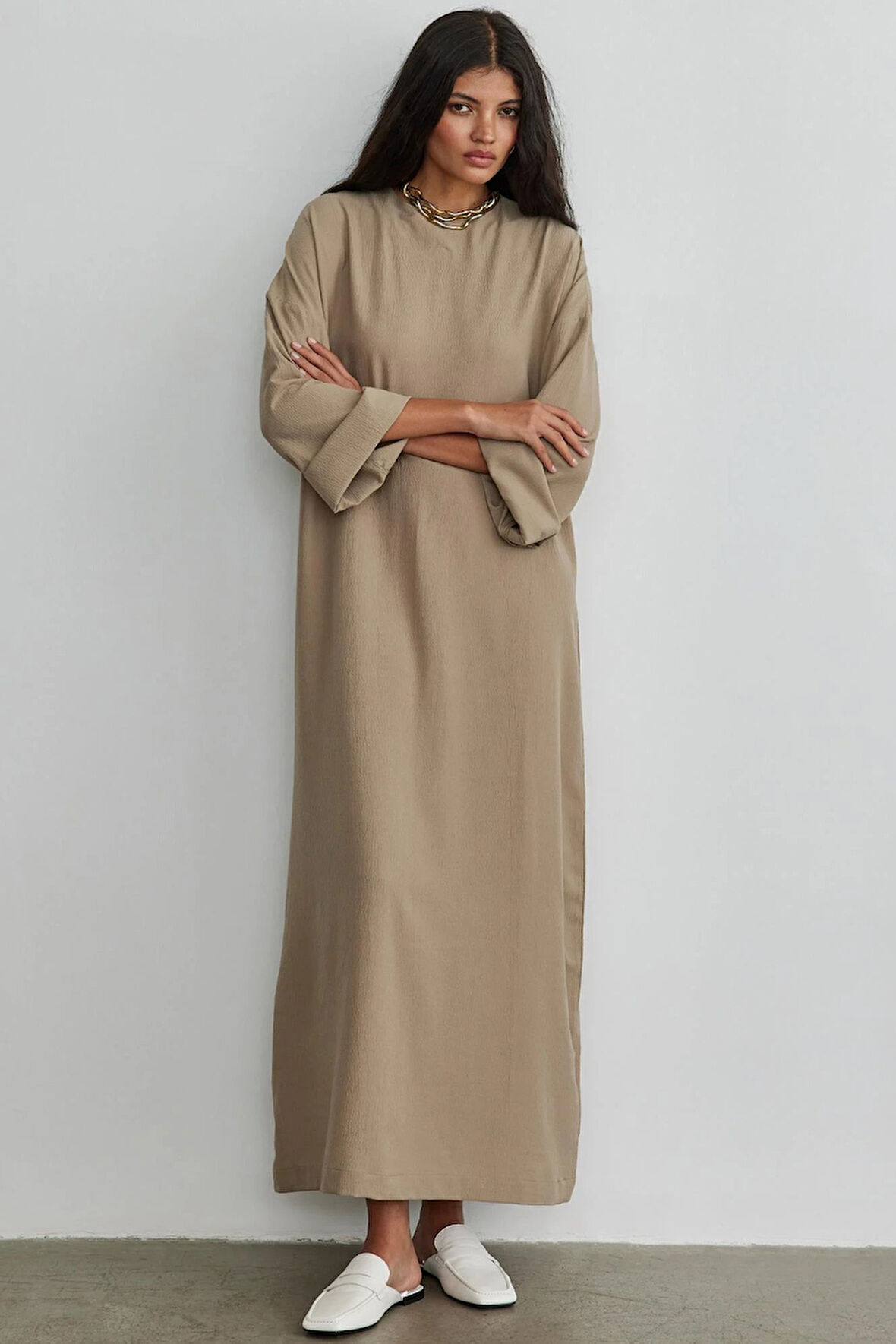 Vizon Geniş Kollu Kuşaklı Dokuma Elbise