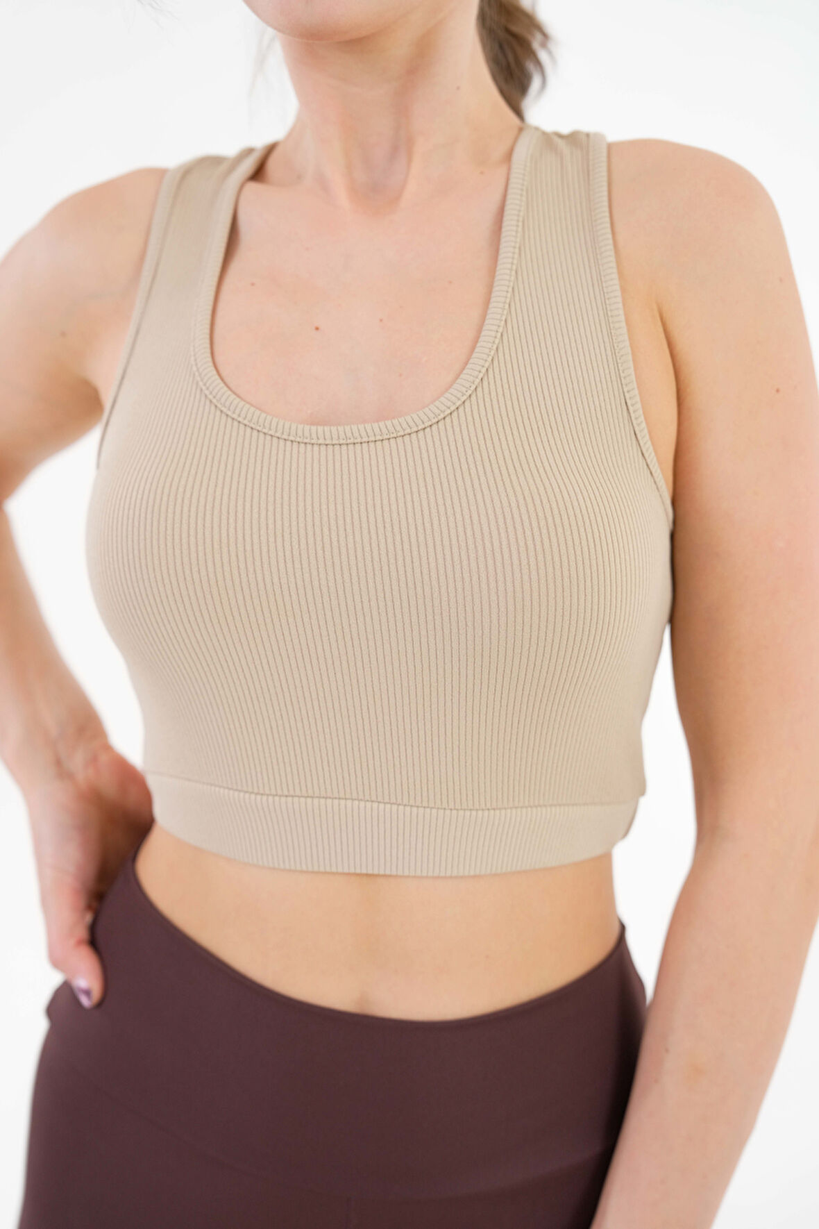 Bej U Yaka Beli Lastikli Fitilli Toparlayıcı Örme Crop Büstiyer