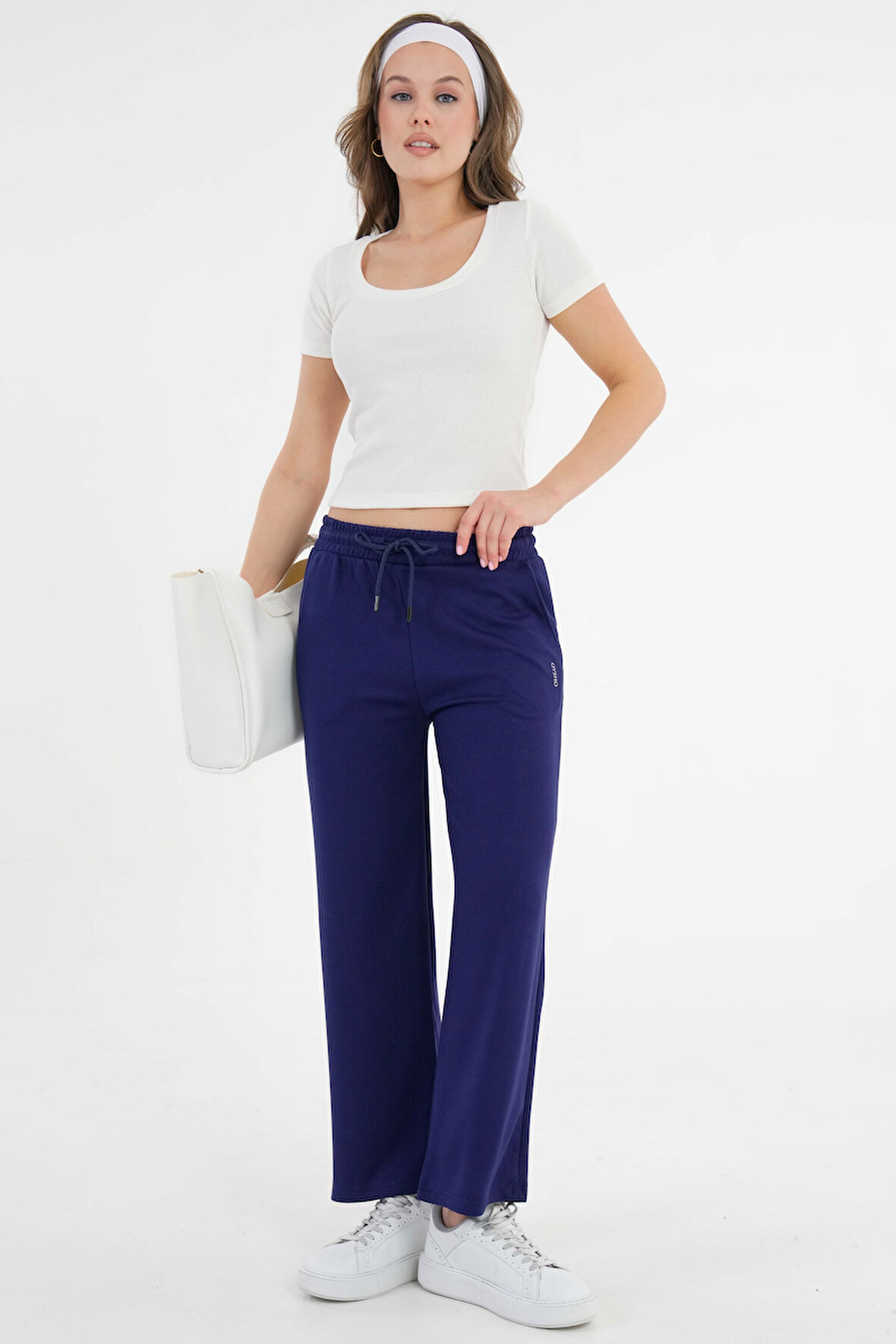 Lacivert Yüksek Bel Beli Lastikli Bağcıklı Wide Leg Basic Eşofman Alt