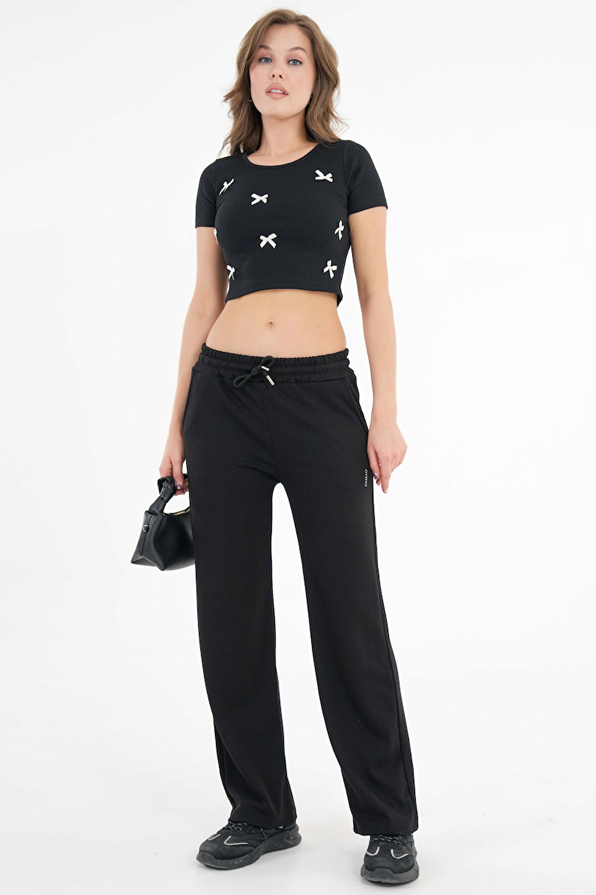 Siyah Yüksek Bel Beli Lastikli Bağcıklı Wide Leg Basic Eşofman Alt