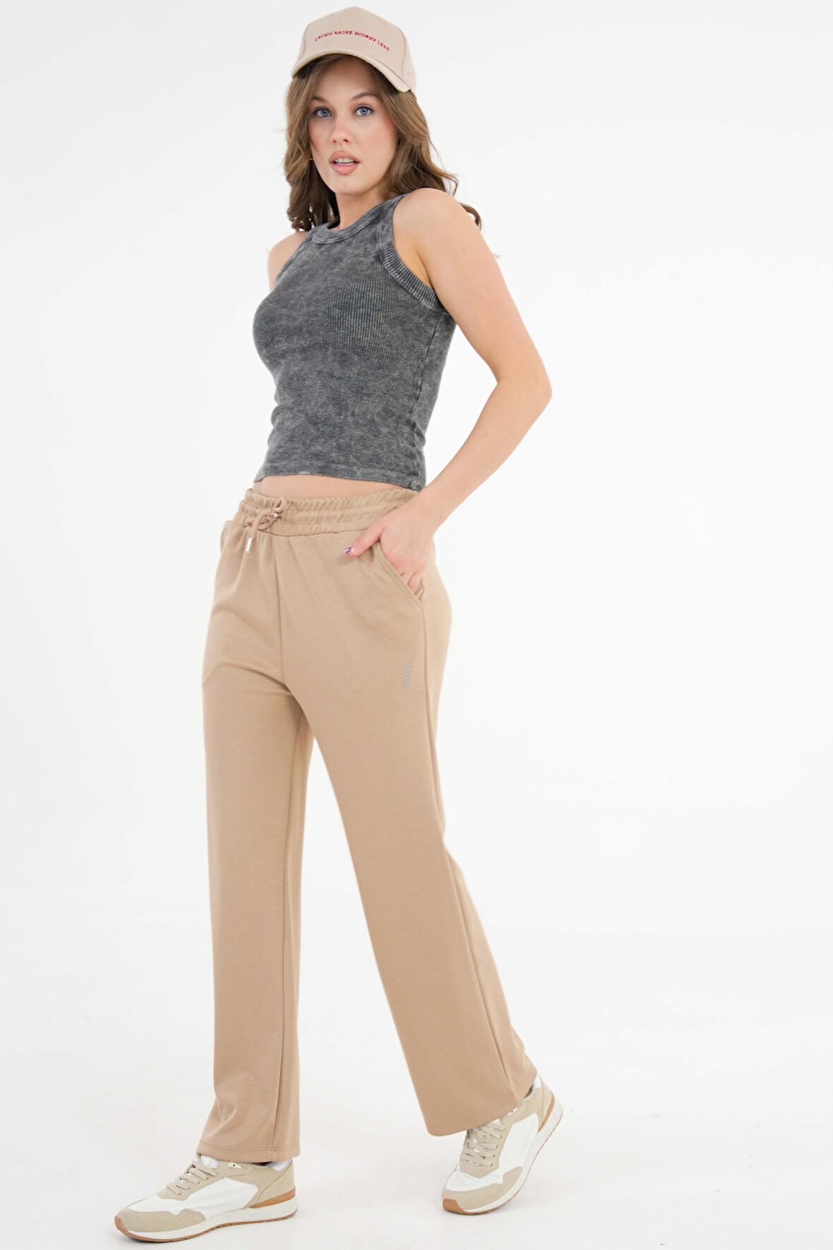 Vizon Yüksek Bel Beli Lastikli Bağcıklı Wide Leg Basic Eşofman Alt