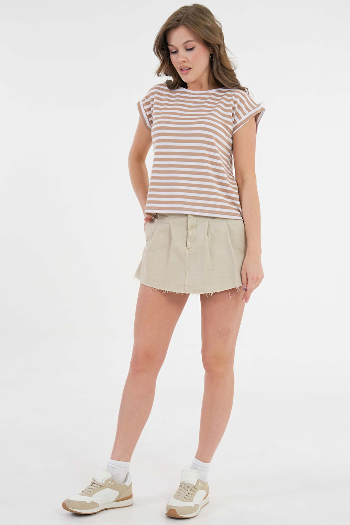 Vizon Çizgili Bisiklet Yaka Japone Kol Basic T-Shirt