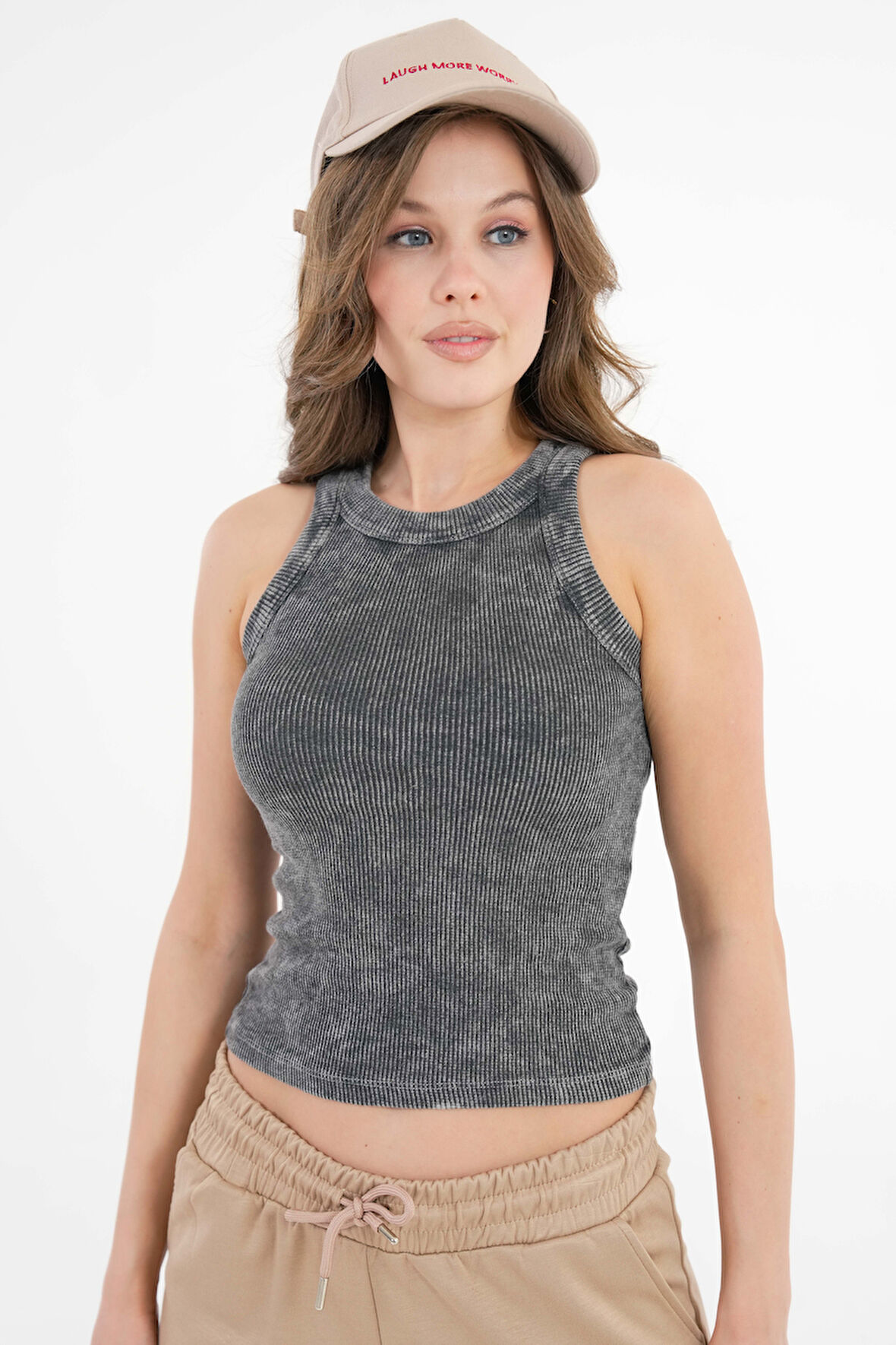 Antrasit Halter Yaka Fitilli Örme Crop Bluz