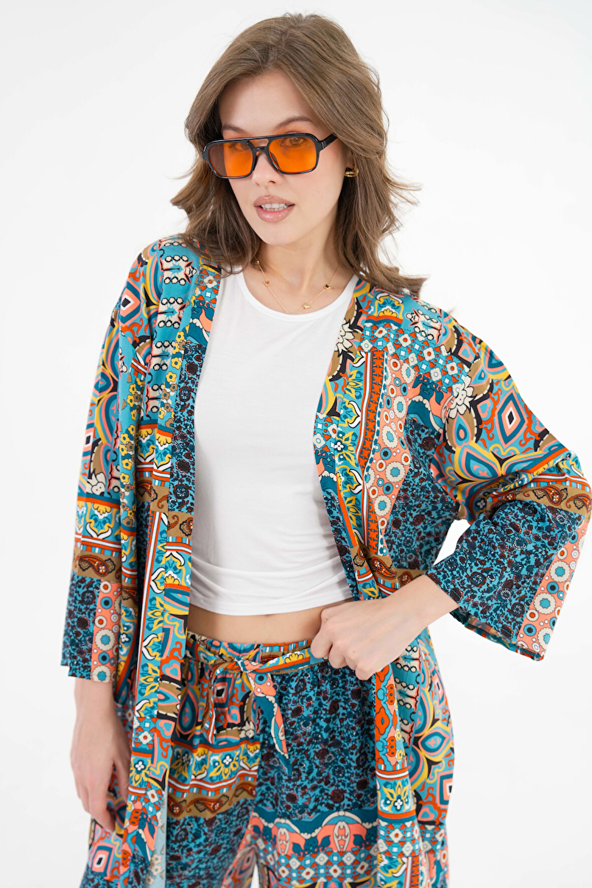 Çok Renkli Desenli Kimono -Beli Lastikli Palazzo Pantolon Alt-Üst Takım
