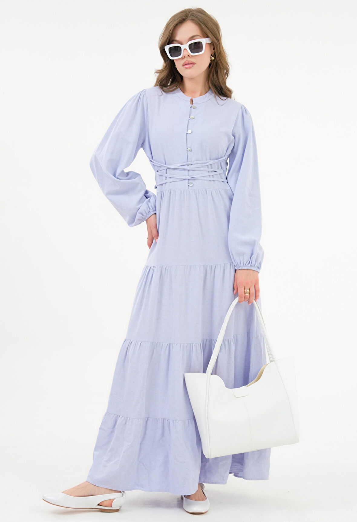 Lila Hakim Yaka Yarım Pat Bağlamalı Büzgülü Kat Dokuma  Elbise