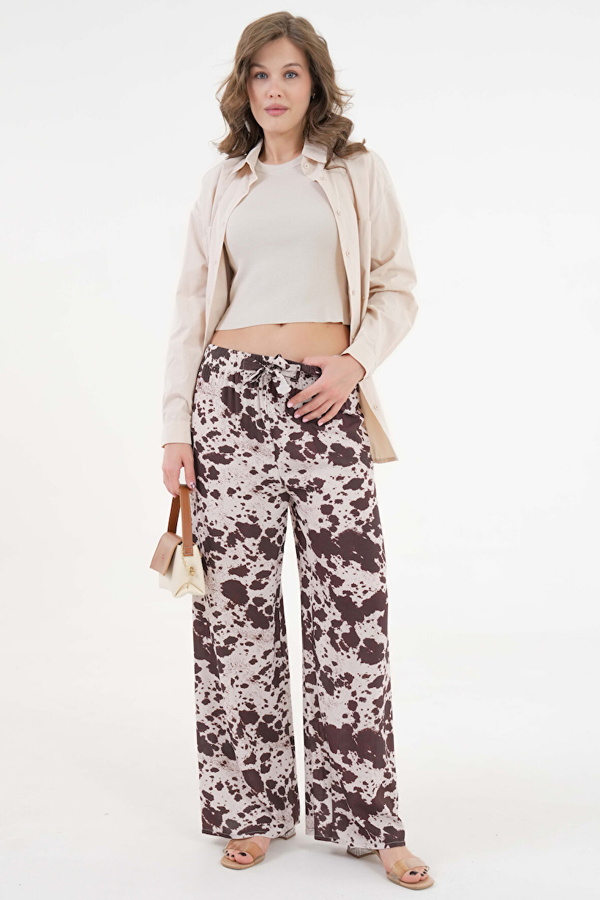 Kahverengi Beli Lastikli Bağlamalı Bol Paça Dokuma Pantolon