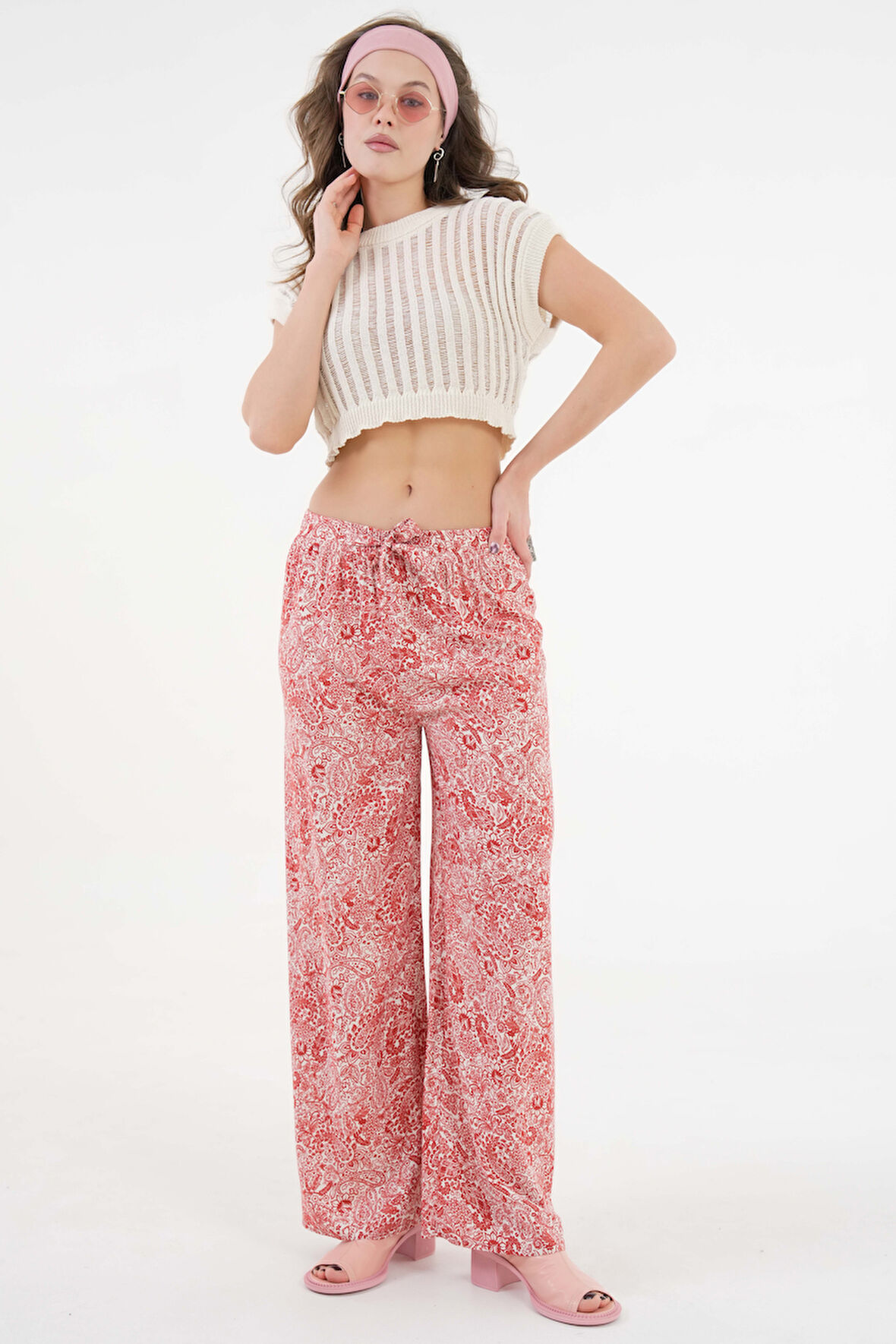 Kiremit Beli Lastikli Bağlamalı Bol Paça Dokuma Pantolon