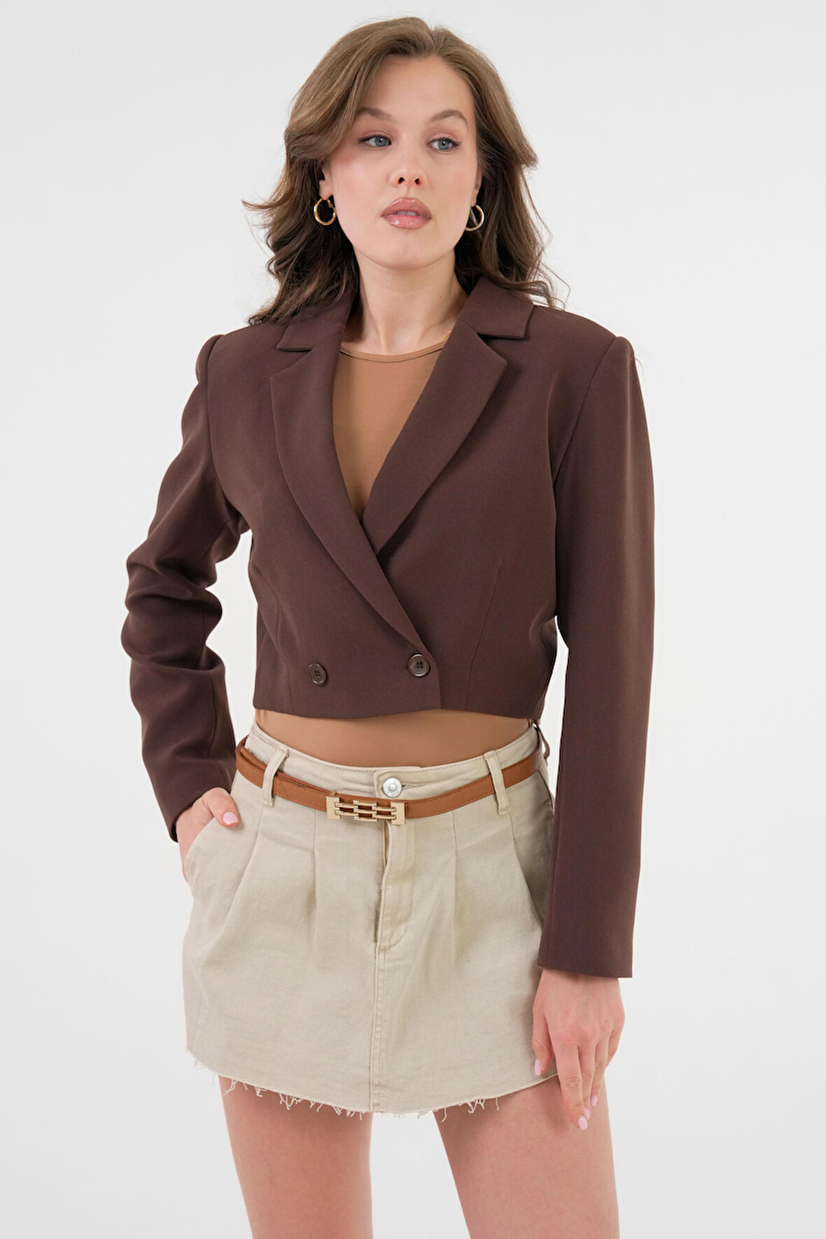 Acı Kahverengi Kruvaze Crop Blazer Ceket