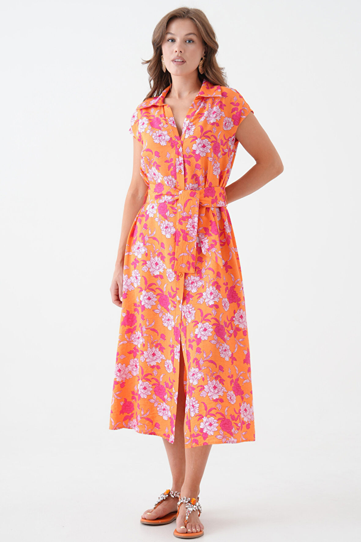 Turuncu Sıfır Kol Kuşaklı Dokuma Elbise