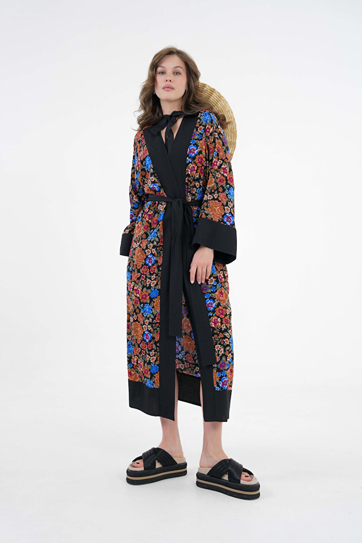 Kahverengi Desenli Maxi Dokuma Kimono