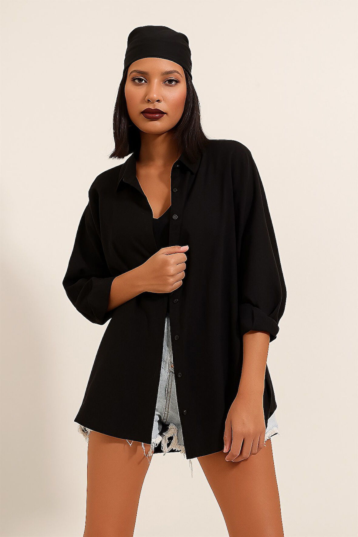 Siyah Oversize Uzun Basic Dokuma Gömlek