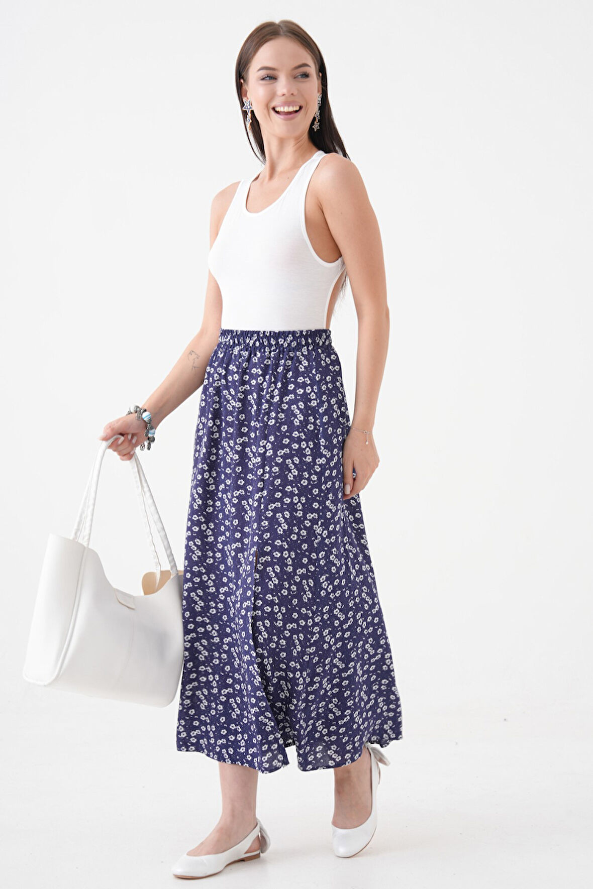 Lacivert A Form Beli Lastikli Yırtmaçlı Dokuma Etek