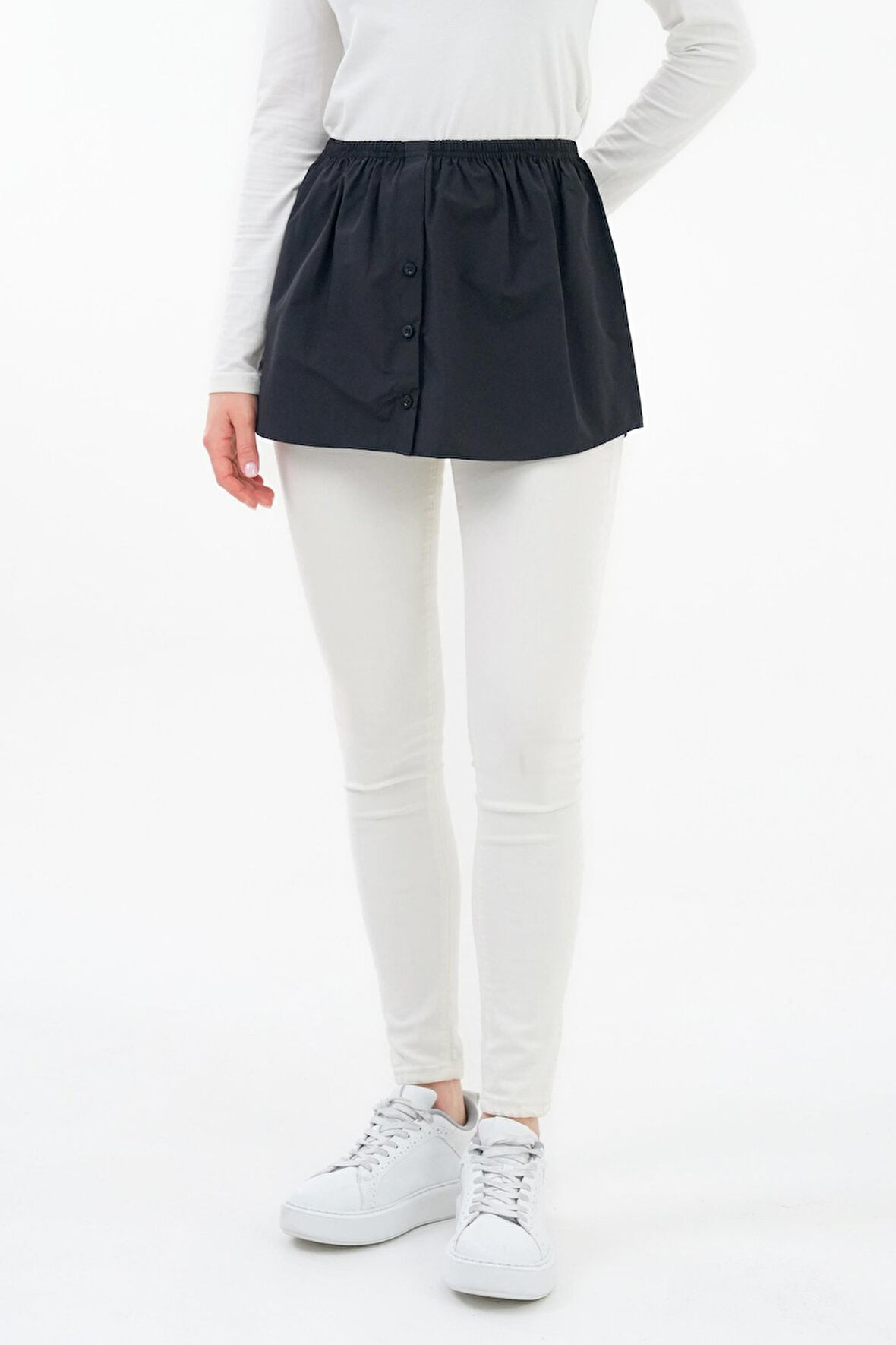 Siyah - 36 Kadın Beli Lastikli Düğmeli Etek Uzatıcı Poplin Içlik - Fonksiyonel Kullanım