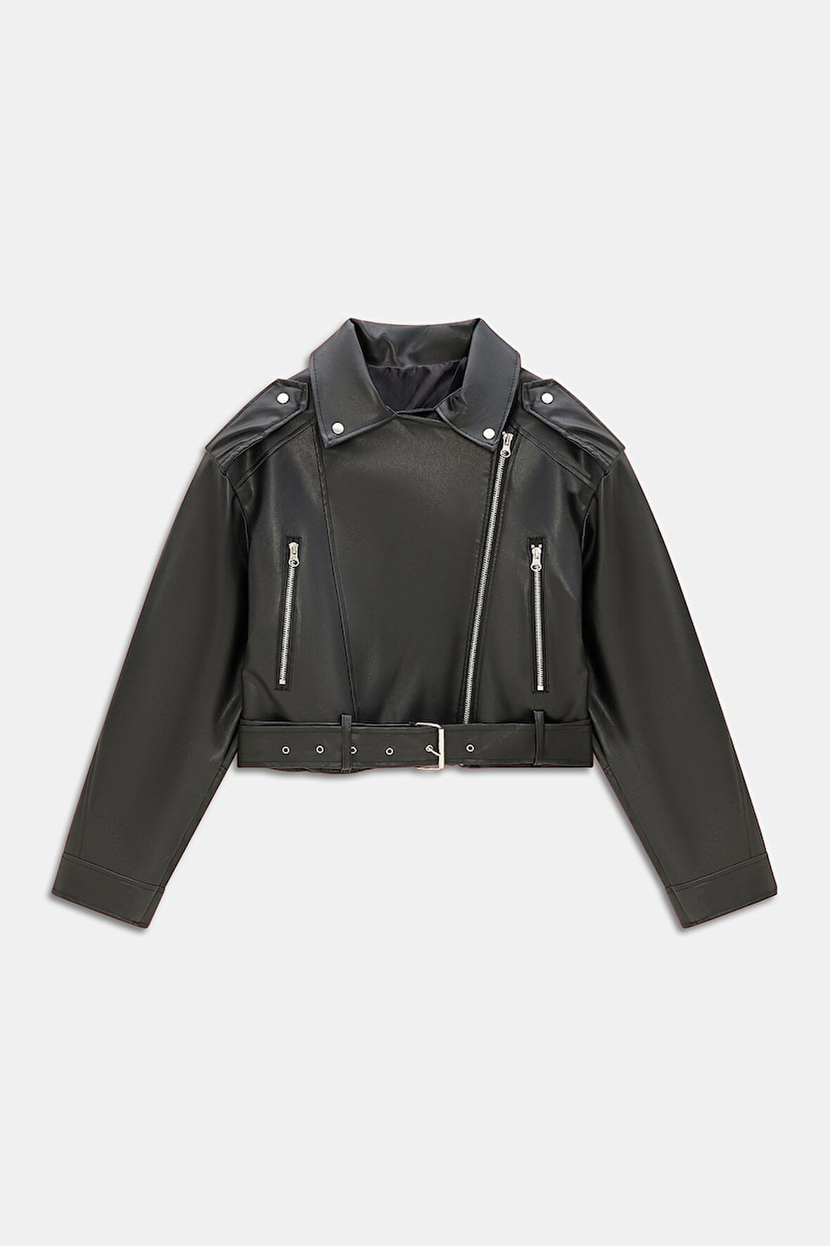 Siyah - S Kadın Relax Fit Gömlek Yaka Fermuarlı Cepli Kemerli Suni Deri Biker Crop Ceket