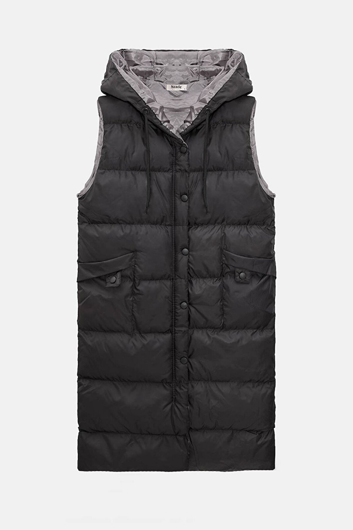 Siyah - L Kapüşonlu Relax Fit Cepli Uzun Şişme Yelek - Çıtçıtlı