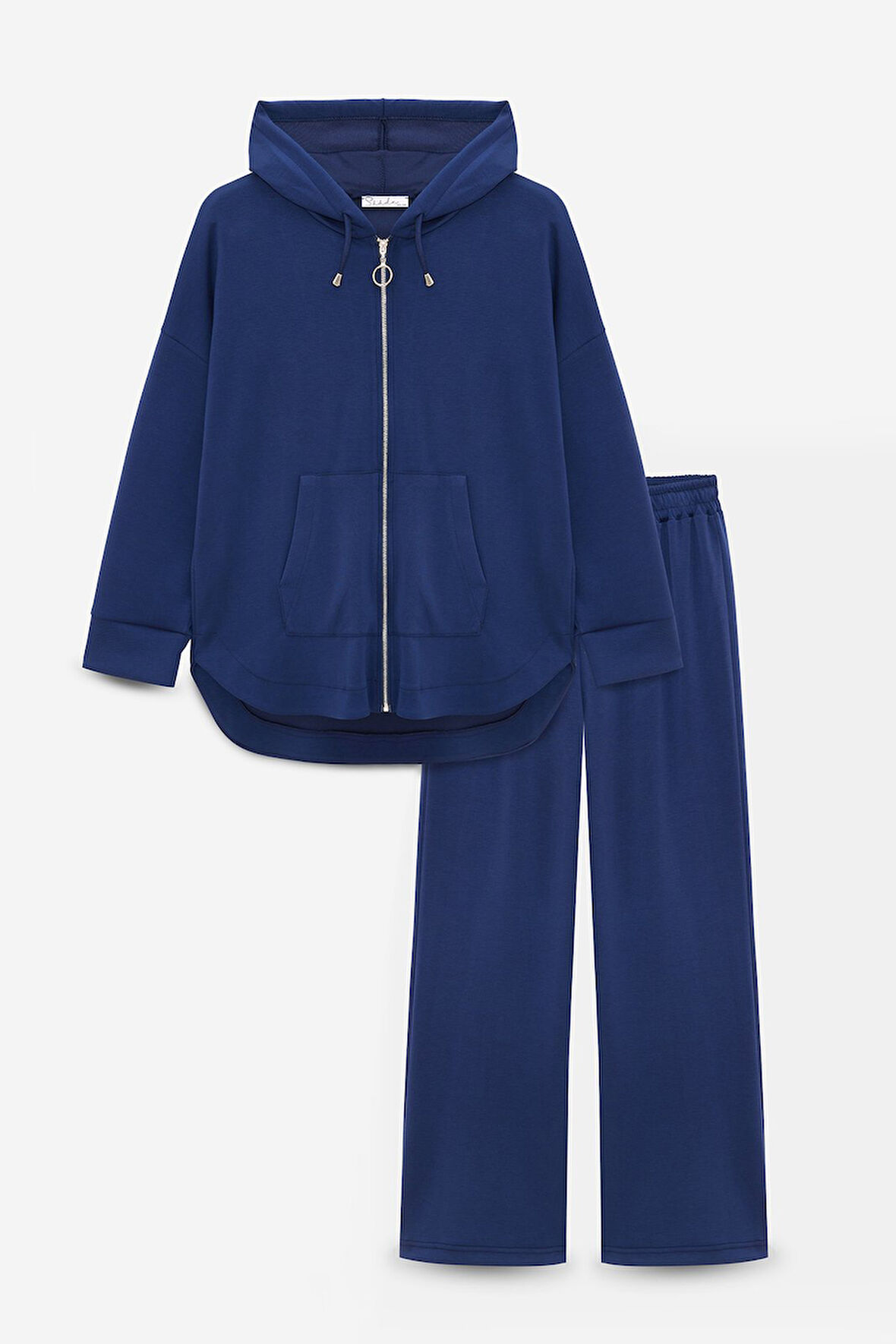 Lacivert - M-L Kadın Oversize Kapüşonlu Fermuarlı Cepli Sweatshirt & Bol Paça Eşofman Altı -  2'li Takım