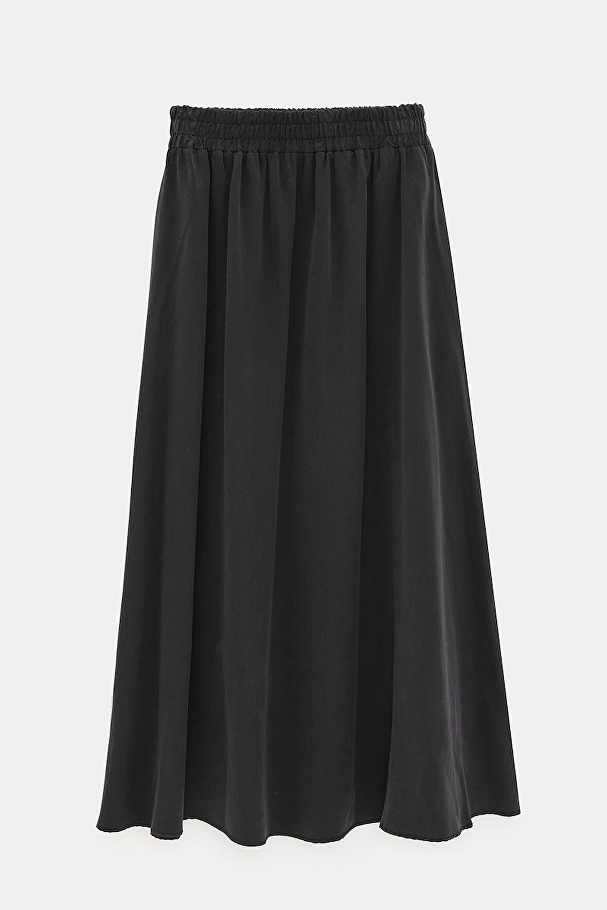 Siyah - STD Kadın Beli Lastikli Midi Boy A Kesim Dökümlü Etek - Yüksek Bel