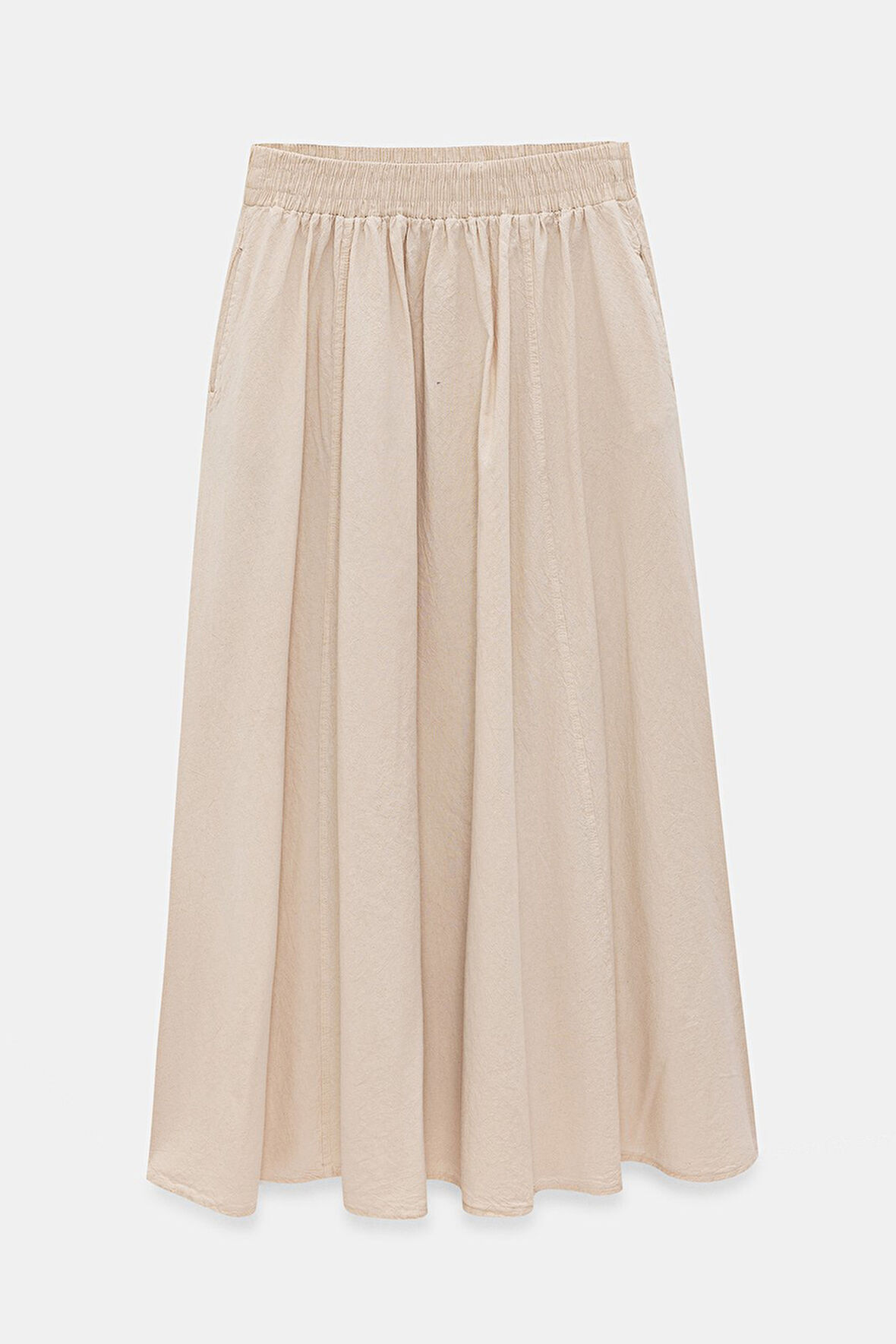 Bej - STD Kadın A Kesim Yüksek Bel Cepli Dökümlü Kloş Etek - Dokulu Keten