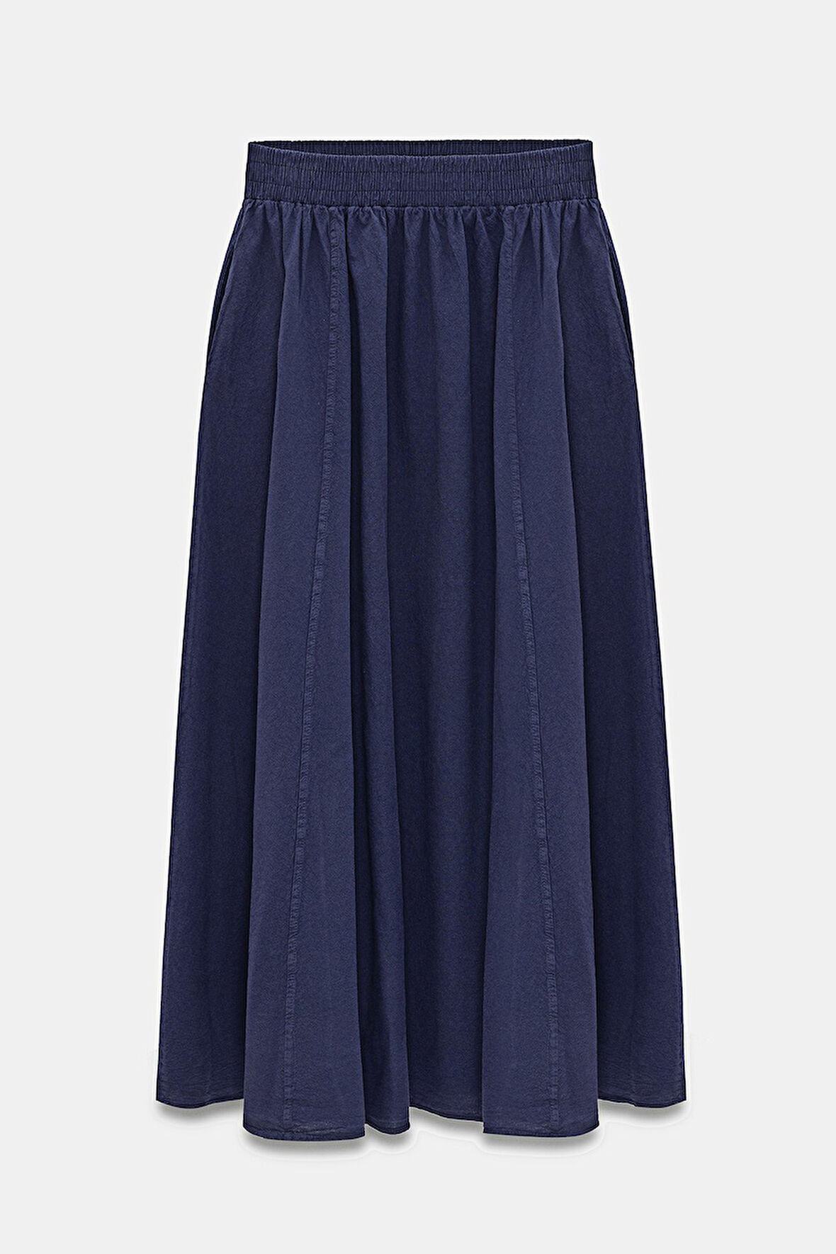 Lacivert - STD Kadın A Kesim Yüksek Bel Cepli Dökümlü Kloş Etek - Dokulu Keten