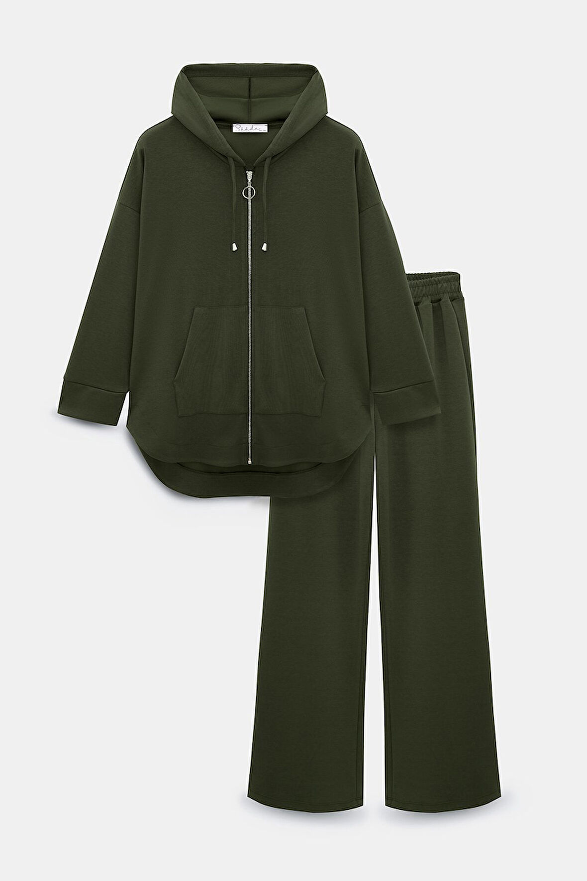 Haki - M-L Kadın Oversize Kapüşonlu Fermuarlı Cepli Sweatshirt & Bol Paça Eşofman Altı -  2'li Takım