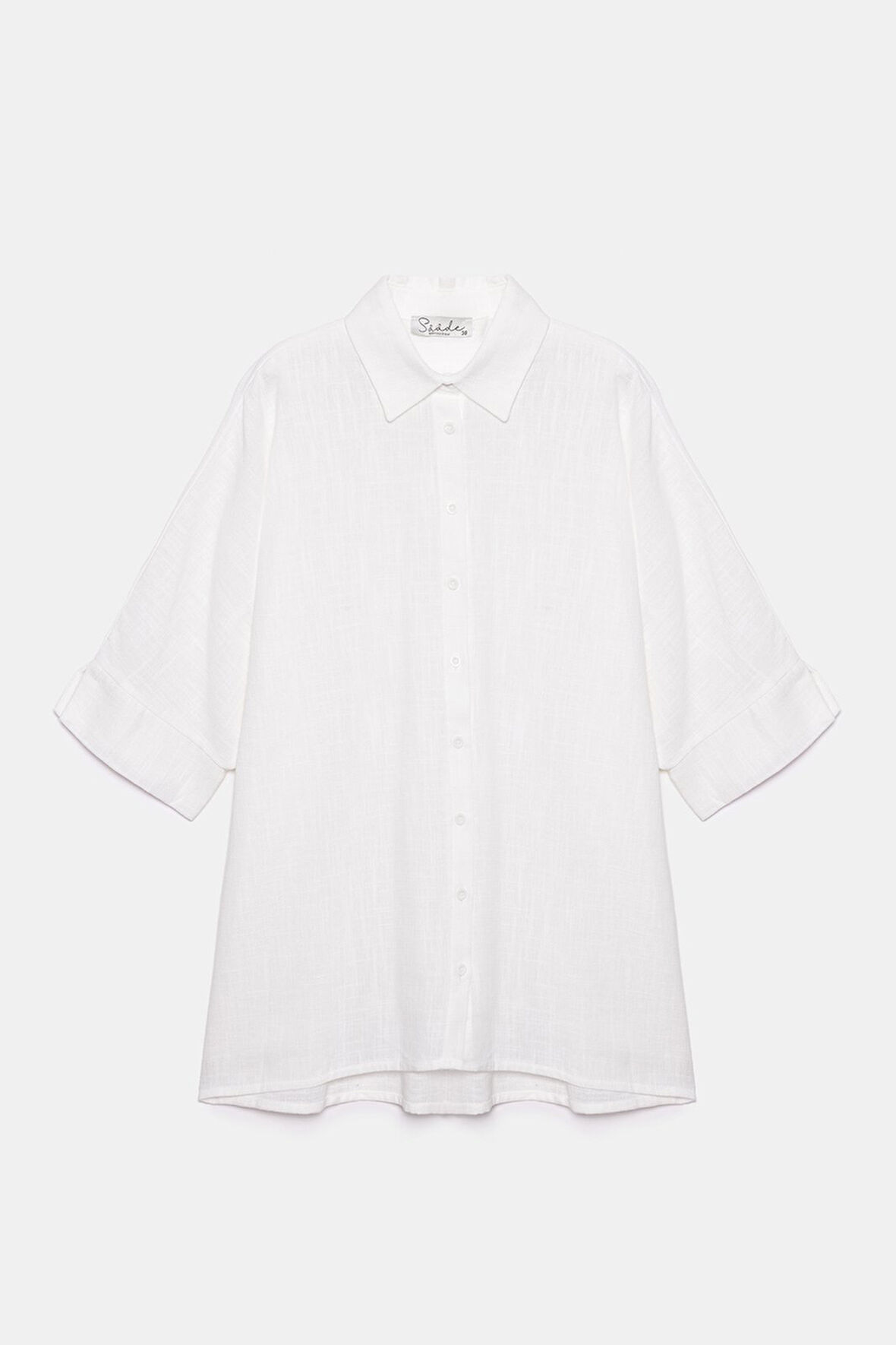 Beyaz - STD Kadın Yarım Kol Rahat Kesim Oversize Gömlek - Keten