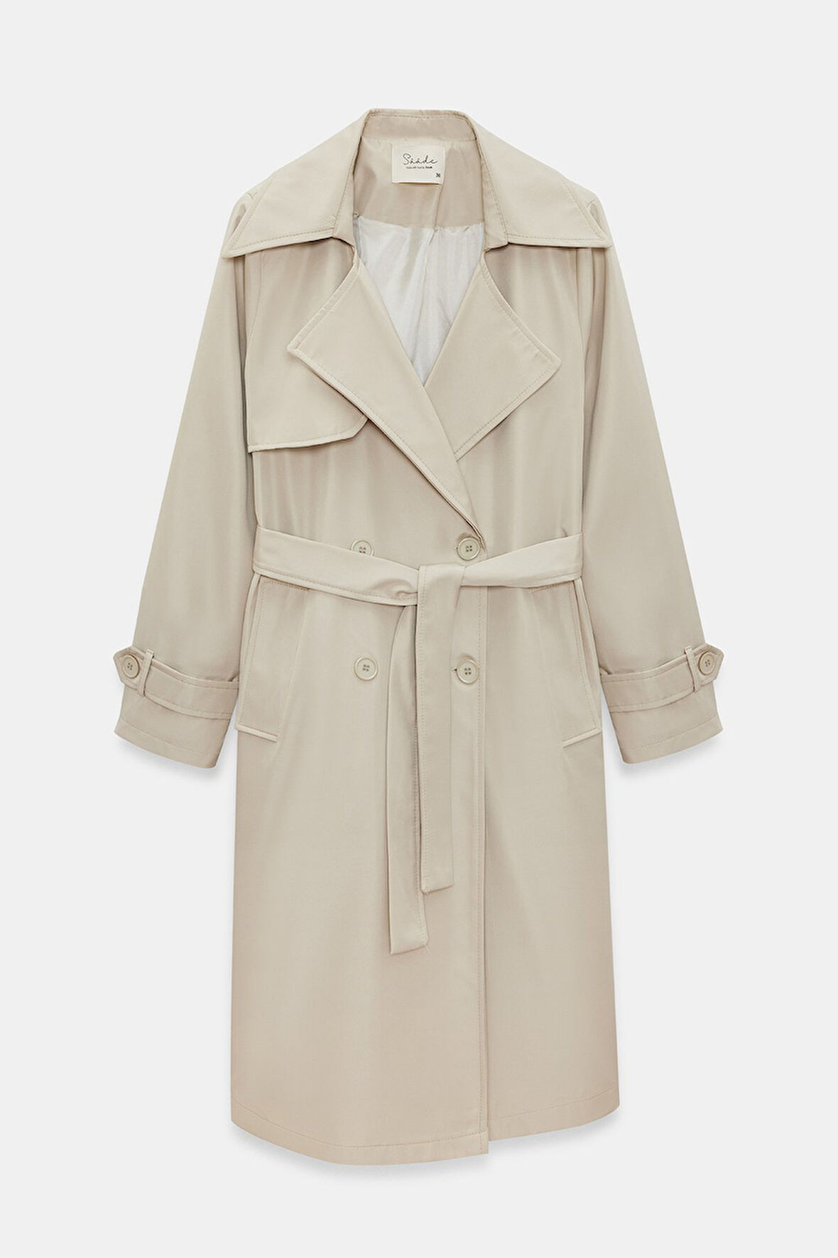 Taş - 38 Kadın Kruvaze Yaka Çift Düğmeli Kemerli Trençkot - Classic Elegance